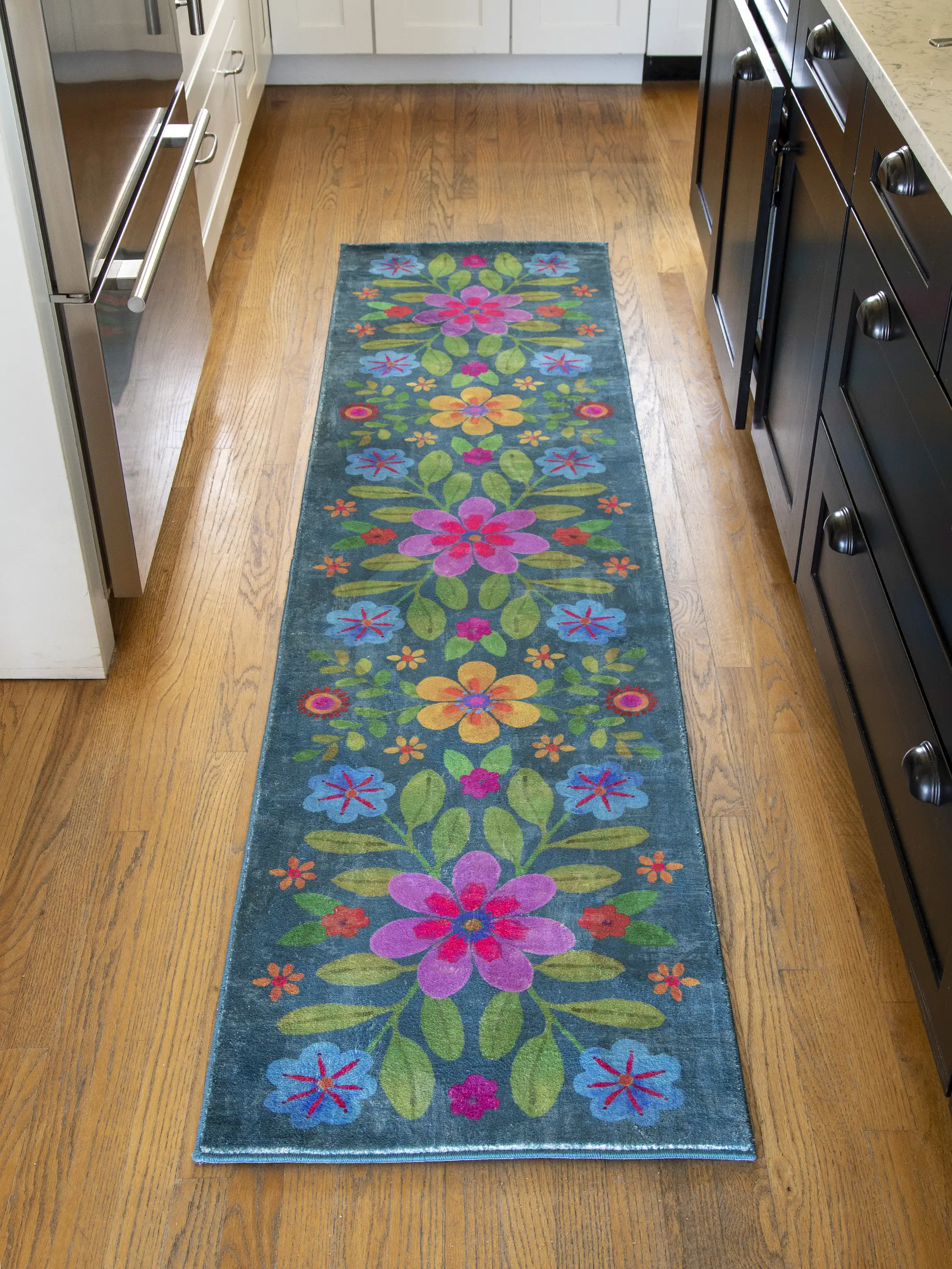 Chenille Rug, 2' x 8' - Indigo Folk Floral