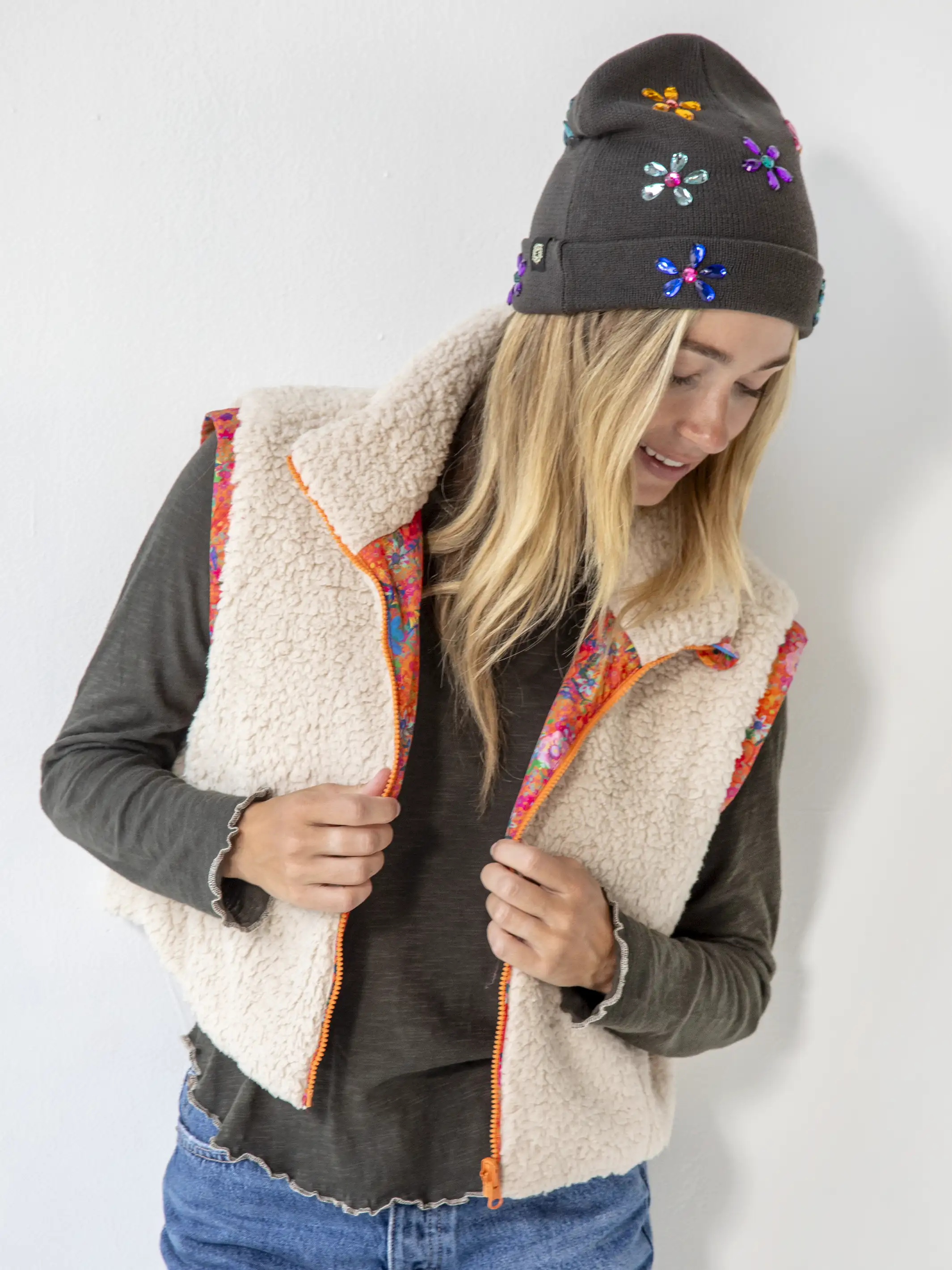 Reversible Sherpa Vest - Coral Ditsy Floral