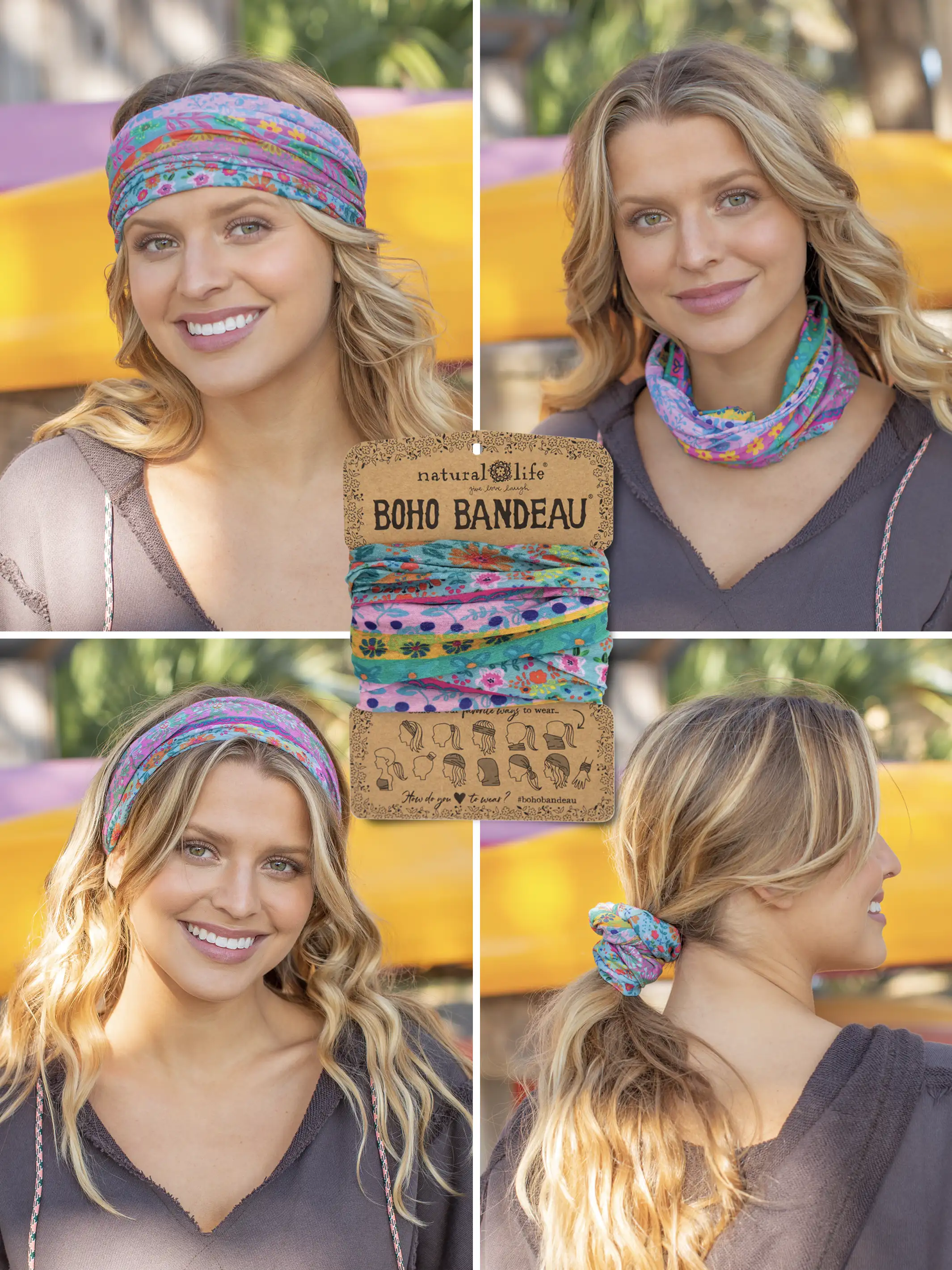 Full Boho Bandeau Headband - Blue Pink Border