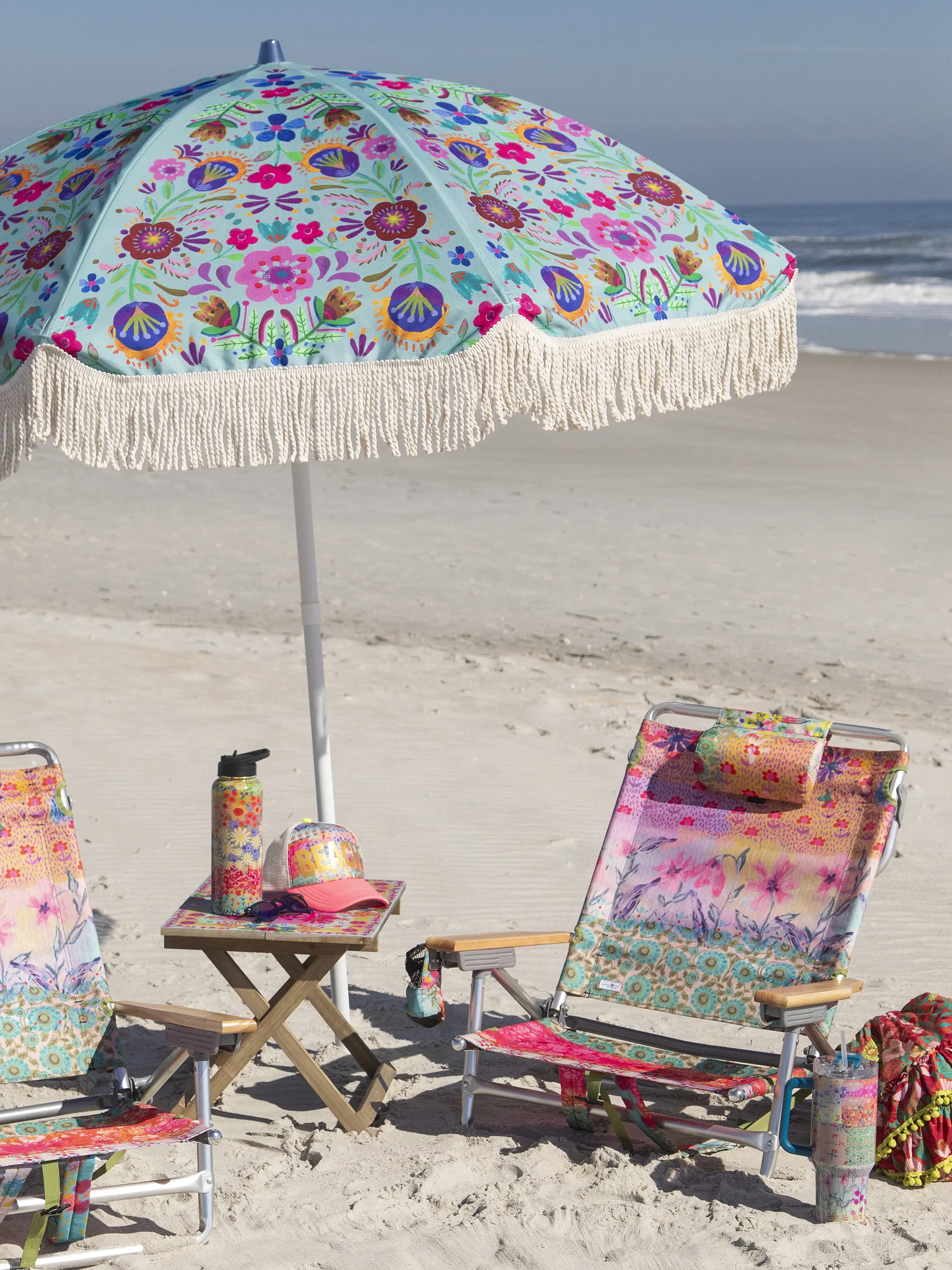 Beach Umbrella - Dusty Blue Folk Flower