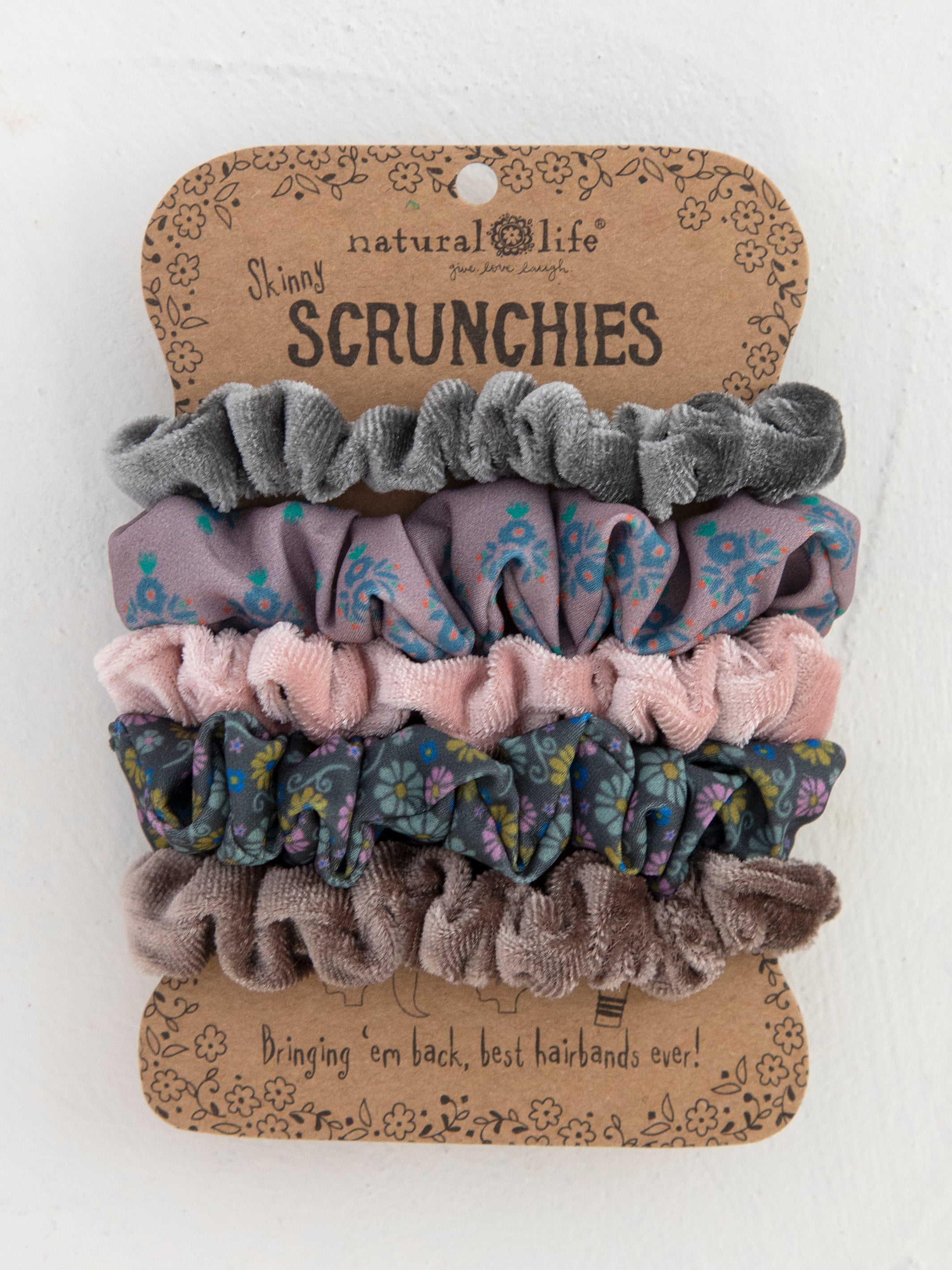 Print and Velvet Scrunchies, Set of 5 - Grey