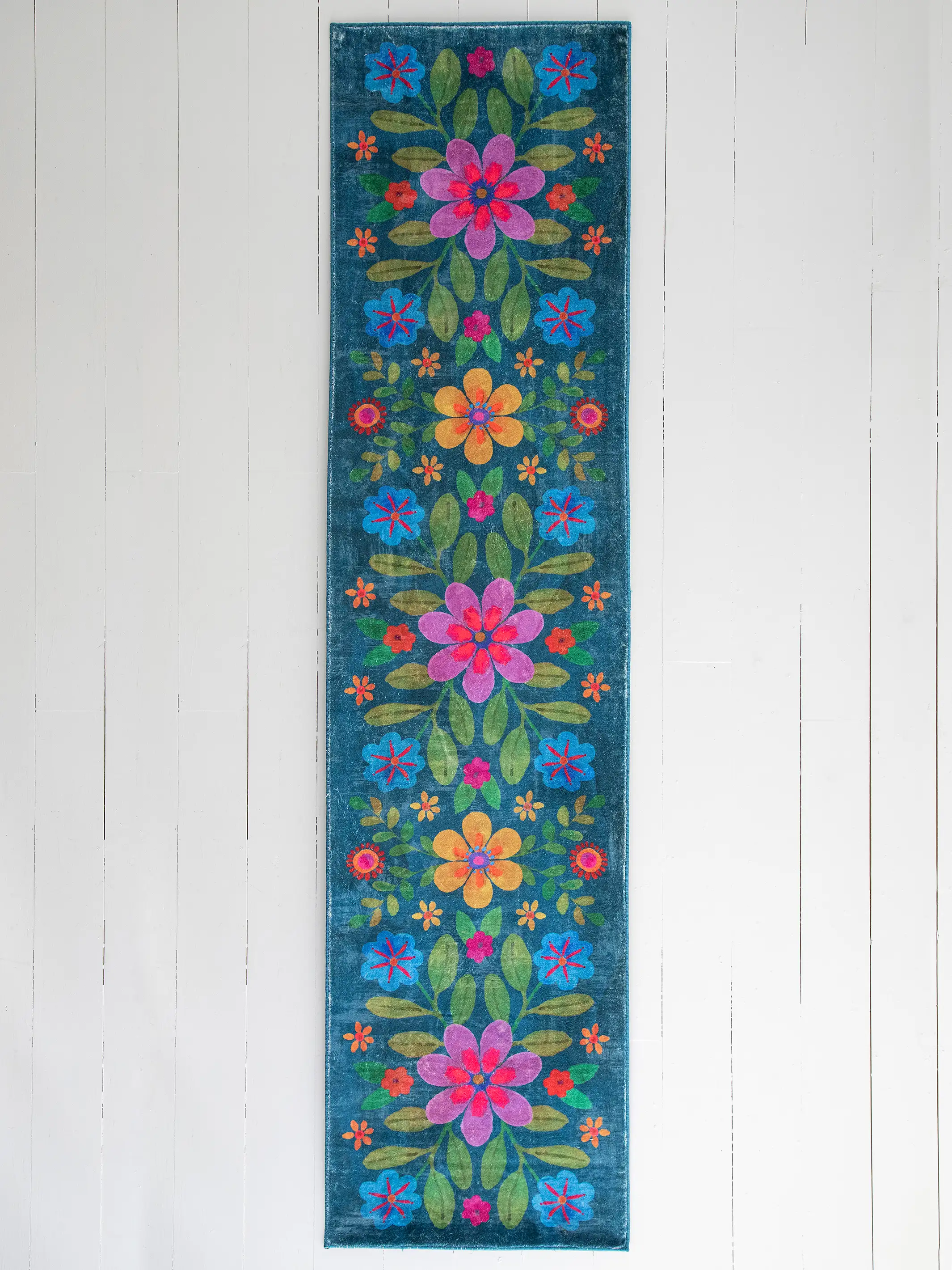 Chenille Rug, 2' x 8' - Indigo Folk Floral
