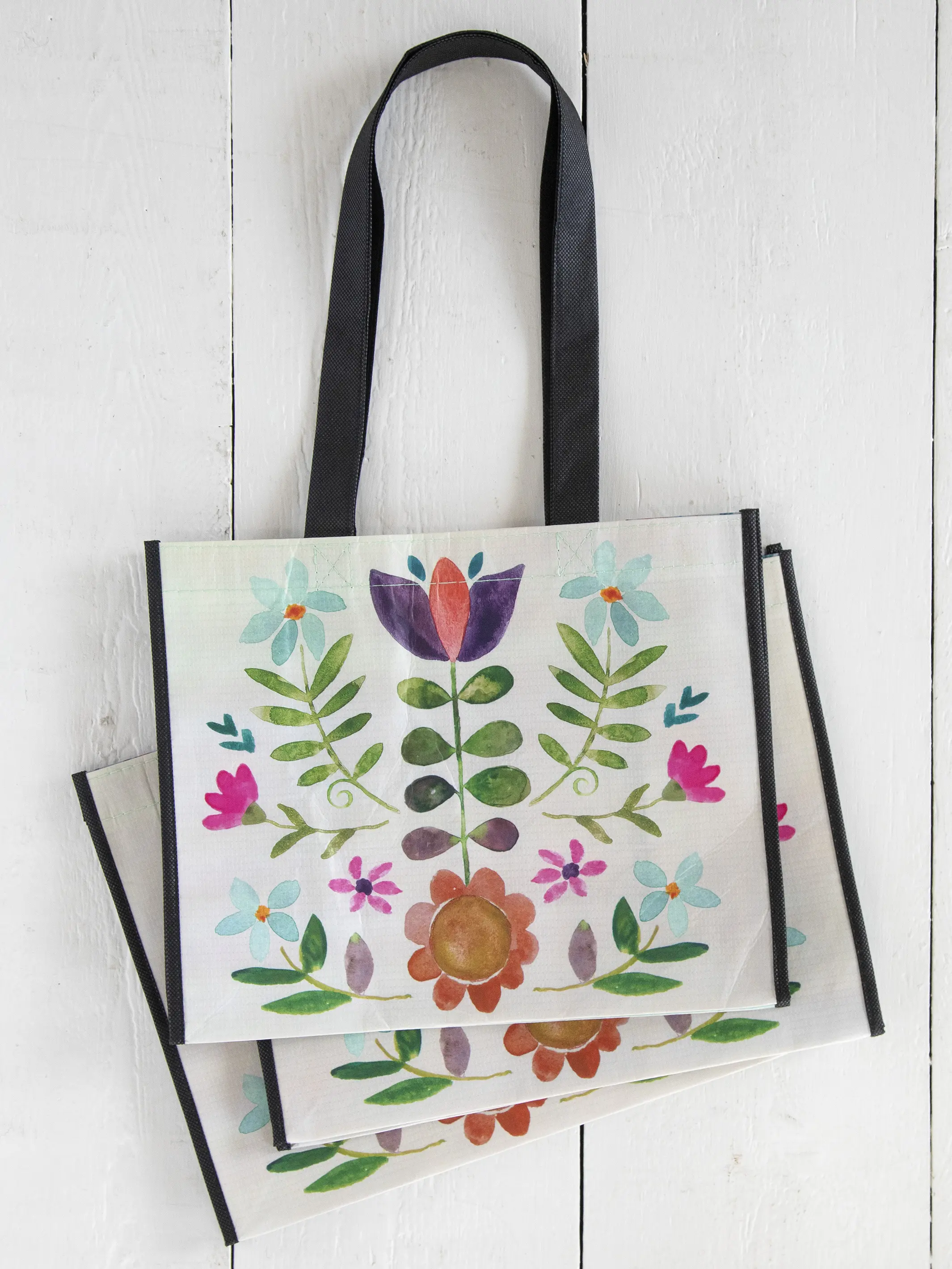 Large Happy Bag, Set of 3 - Cream Folk Flower