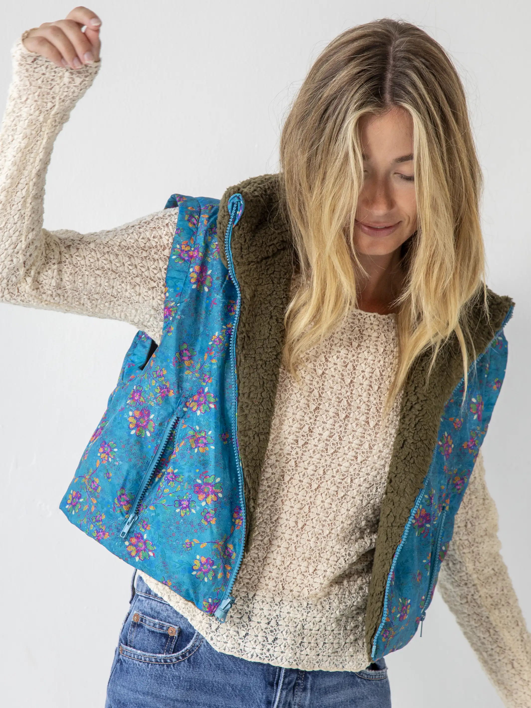 Reversible Sherpa Vest - Teal Purple Floral