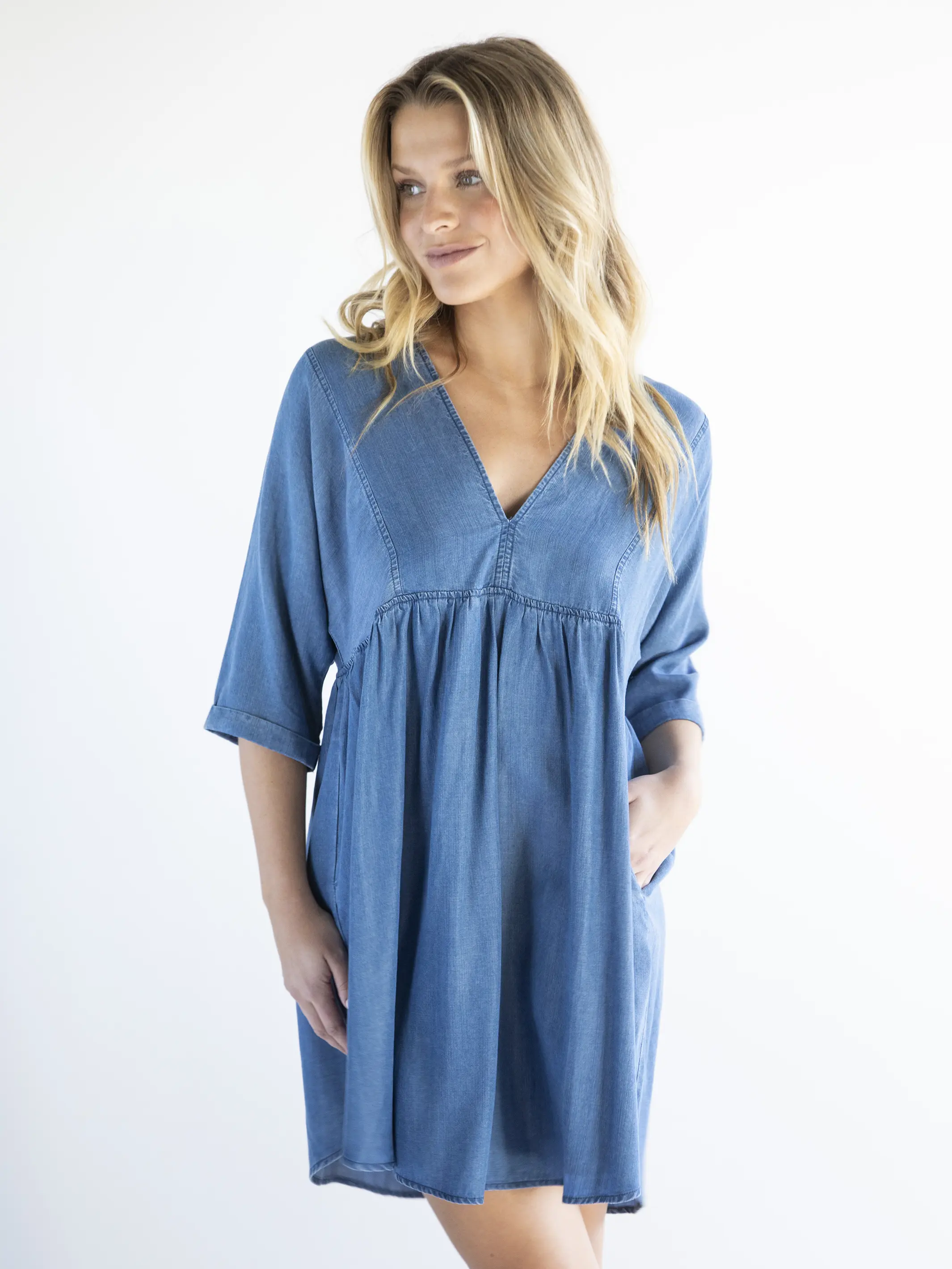 Chambray Stella V-Neck Dress - Denim