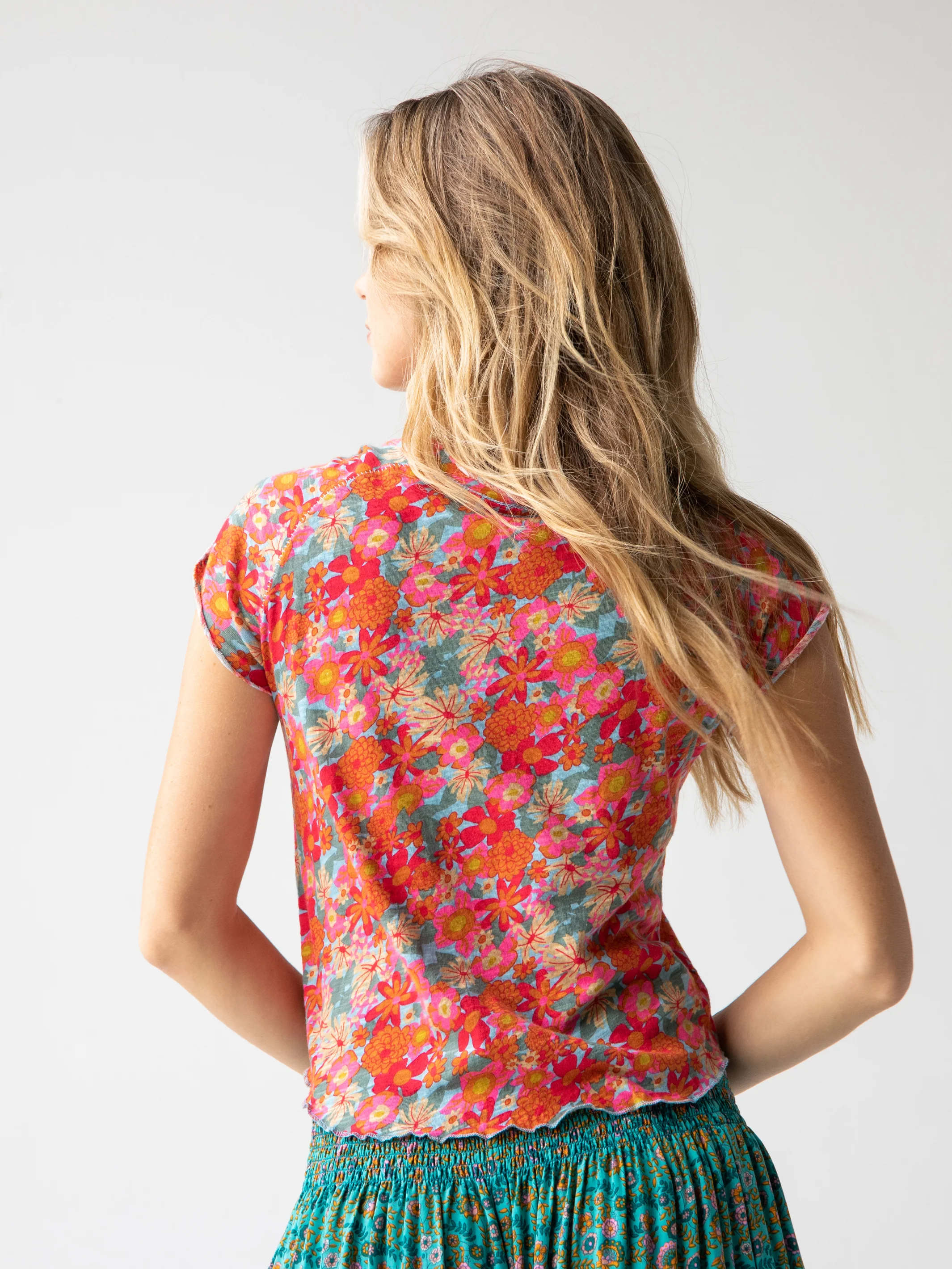 Lily Printed Knit Tee Shirt - Pink Red Floral
