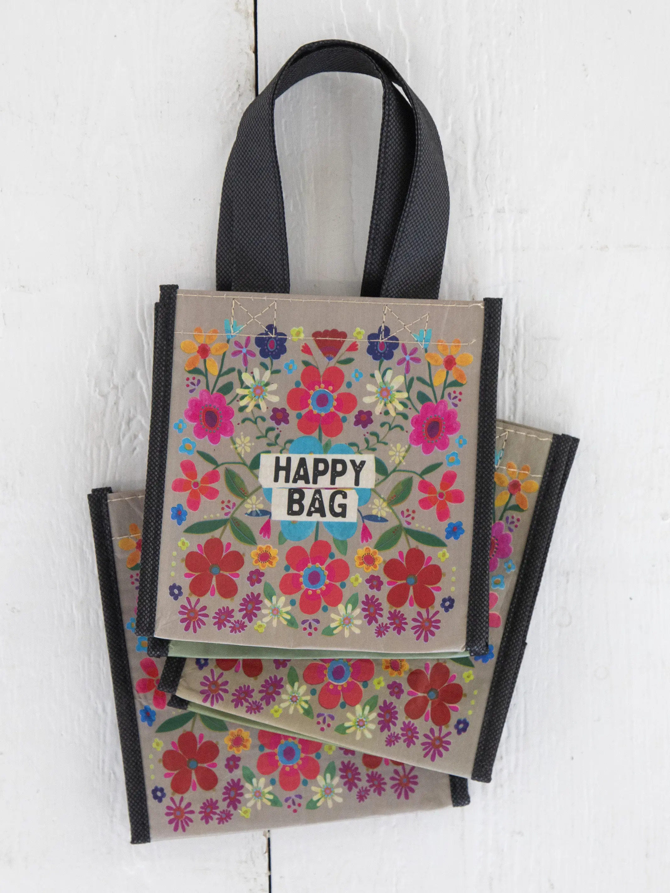 Small Happy Bag, Set of 3 - Taupe Folk Flower