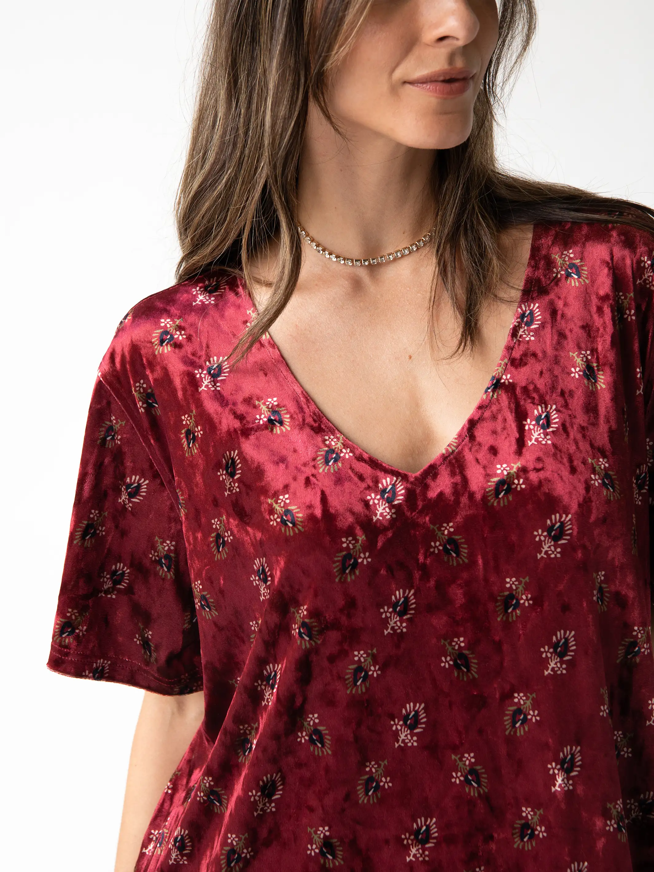 Claire Velvet Dress - Cranberry Fan Motif