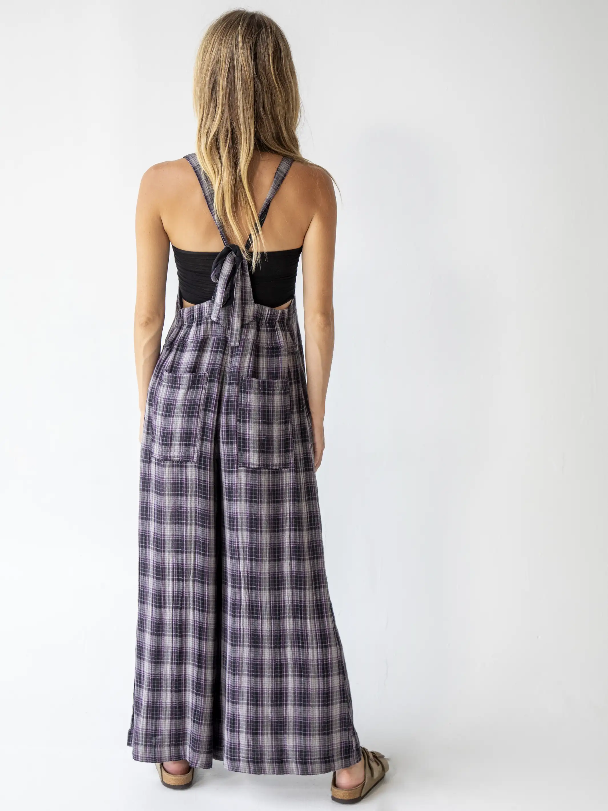 Gauze Dakota Tie Overall - Grey Plaid