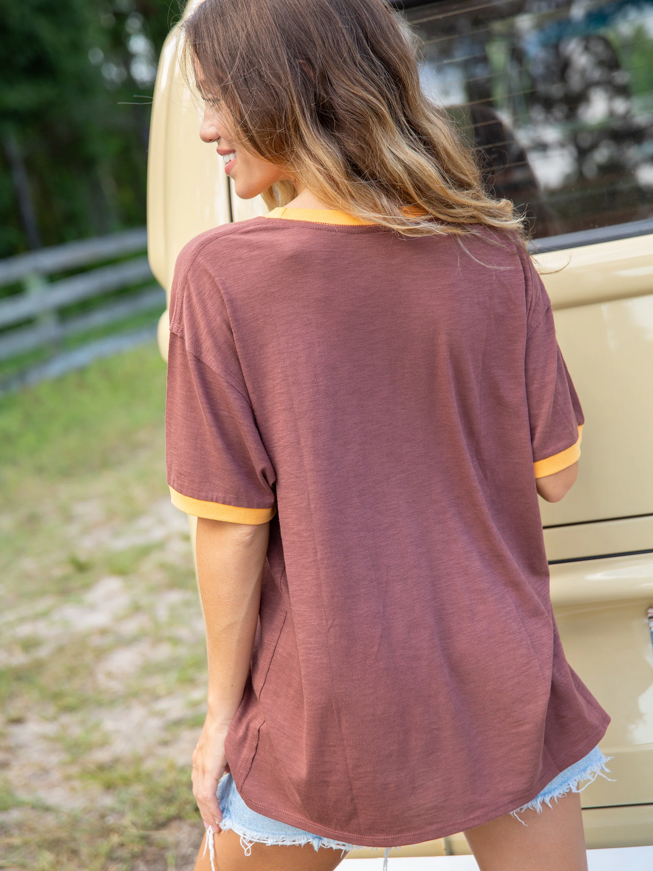 Ringer Oversized Tee Shirt - Happy