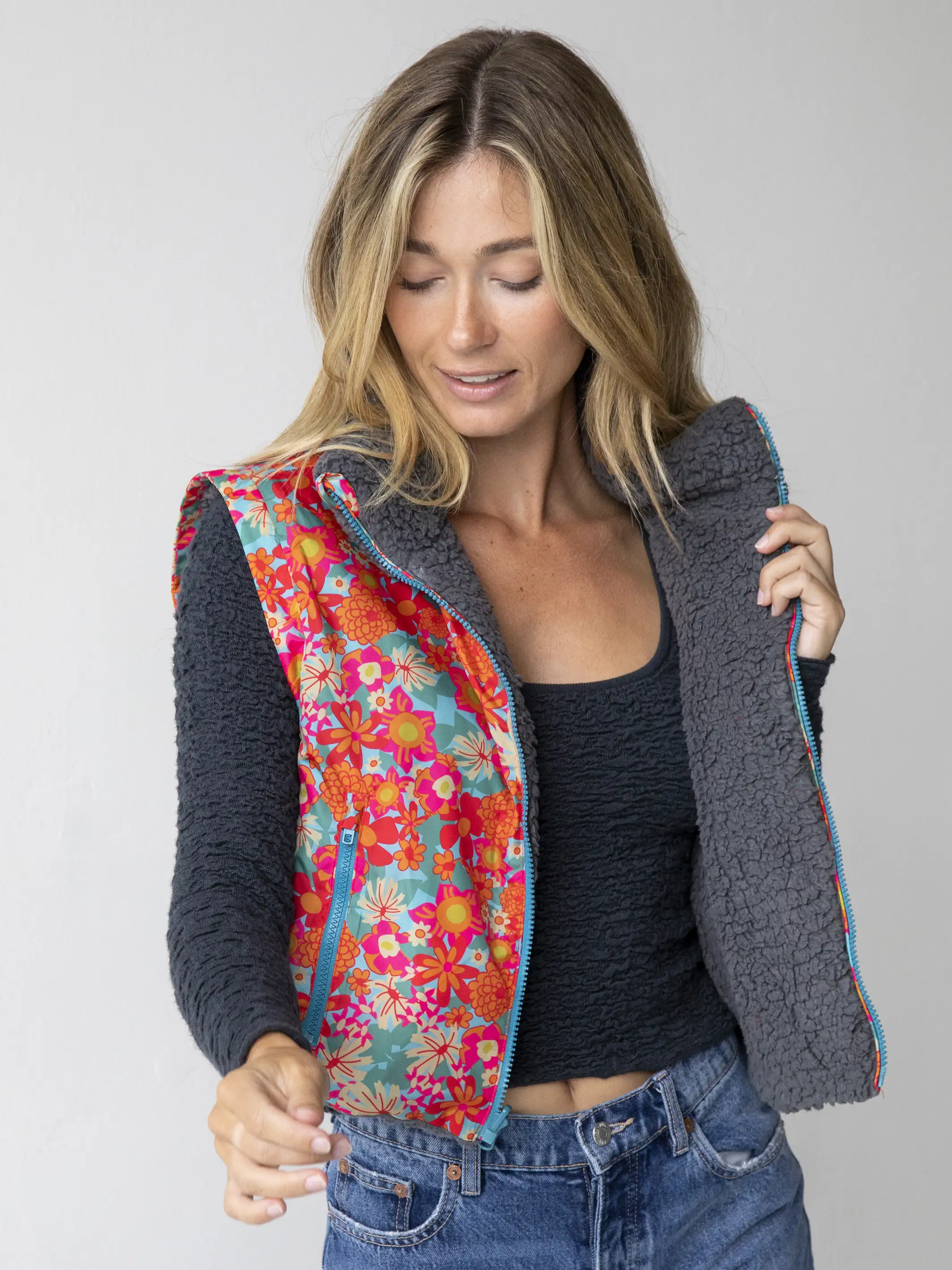 Reversible Sherpa Vest - Bright Pink Floral
