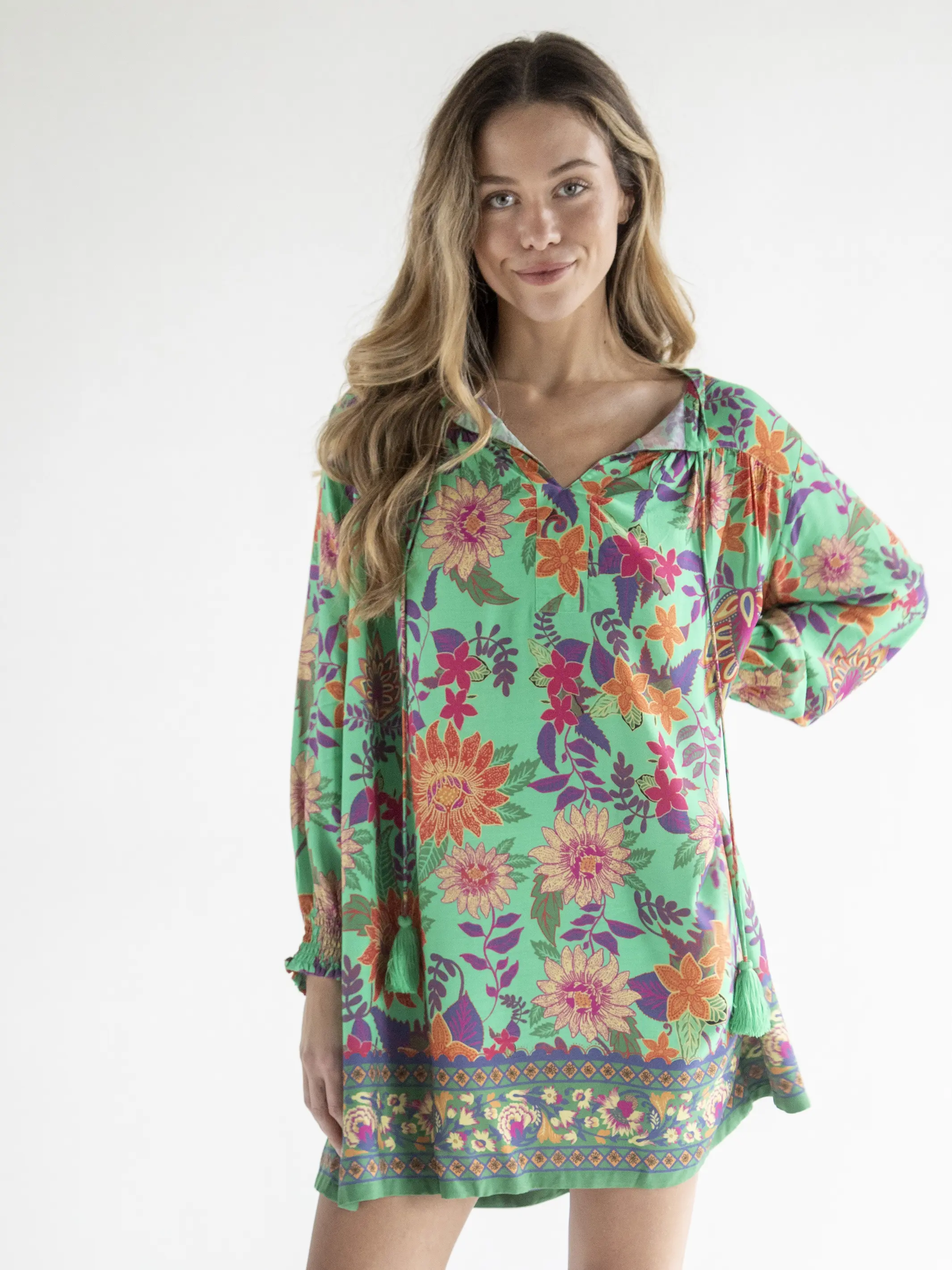 Dara V-Neck Mini Dress - Green Floral Border