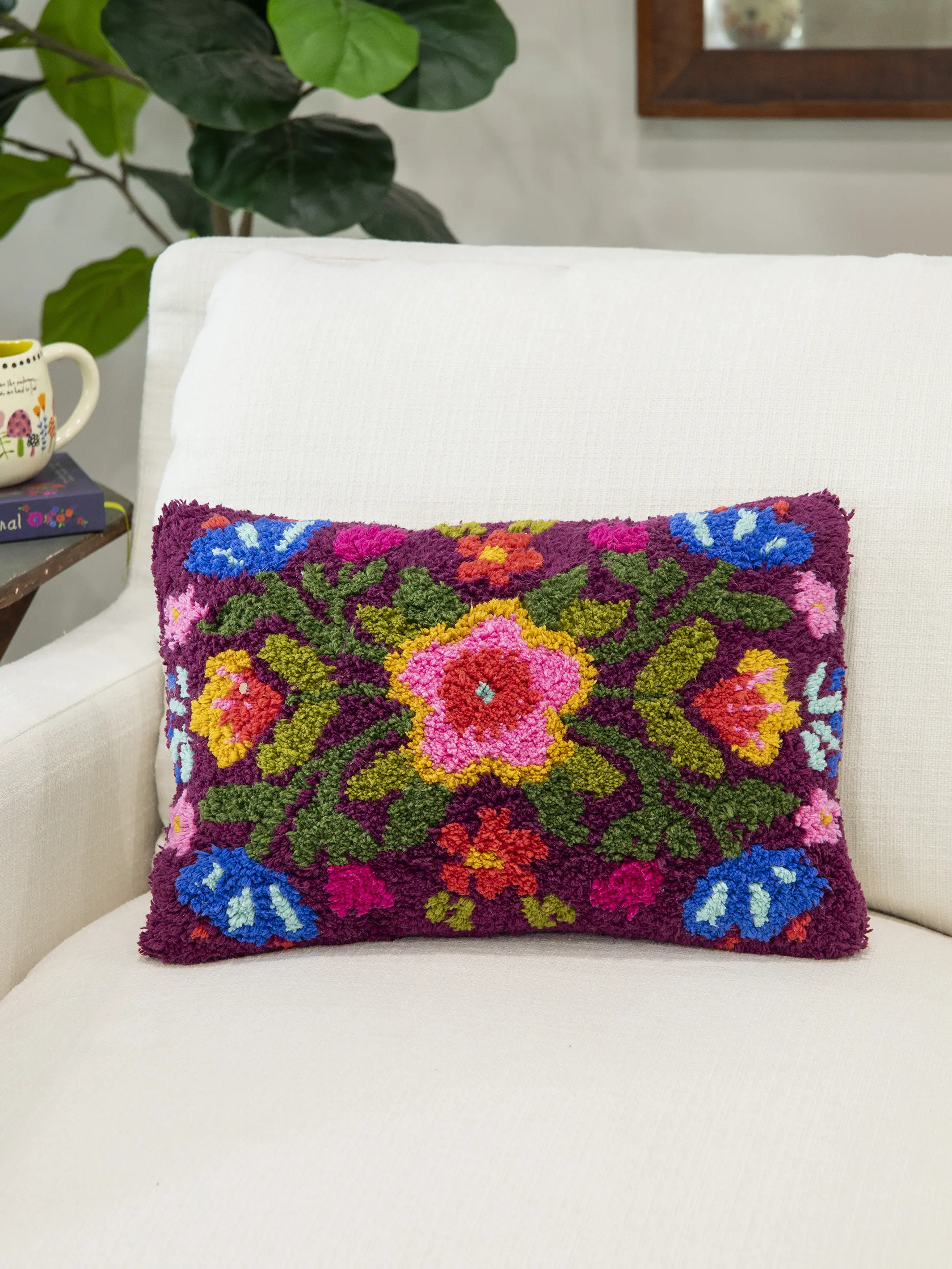 Tufted Pillow - Eggplant Folk Flower