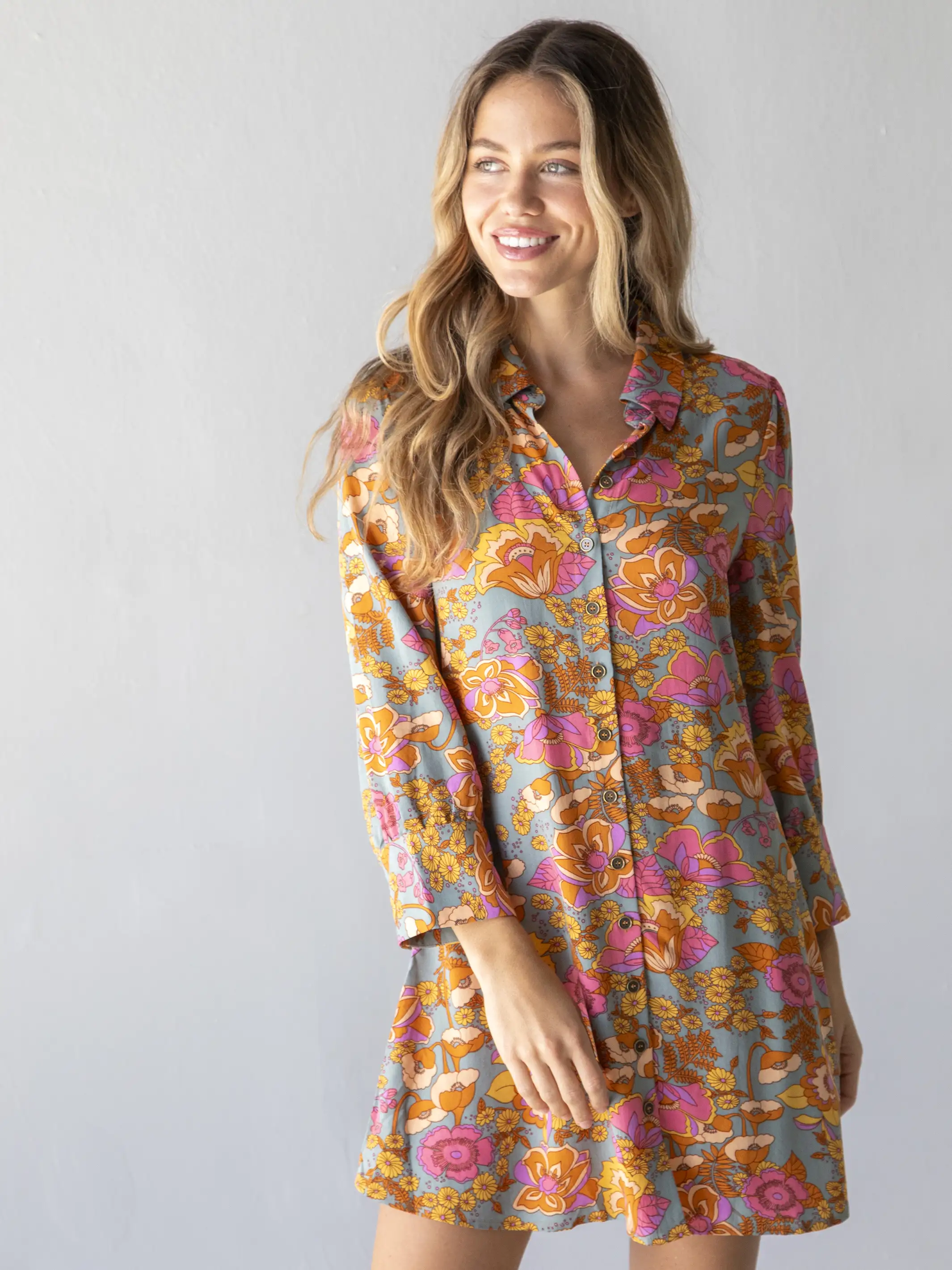 Twiggy Mini Shirt Dress - Grey Pink Floral