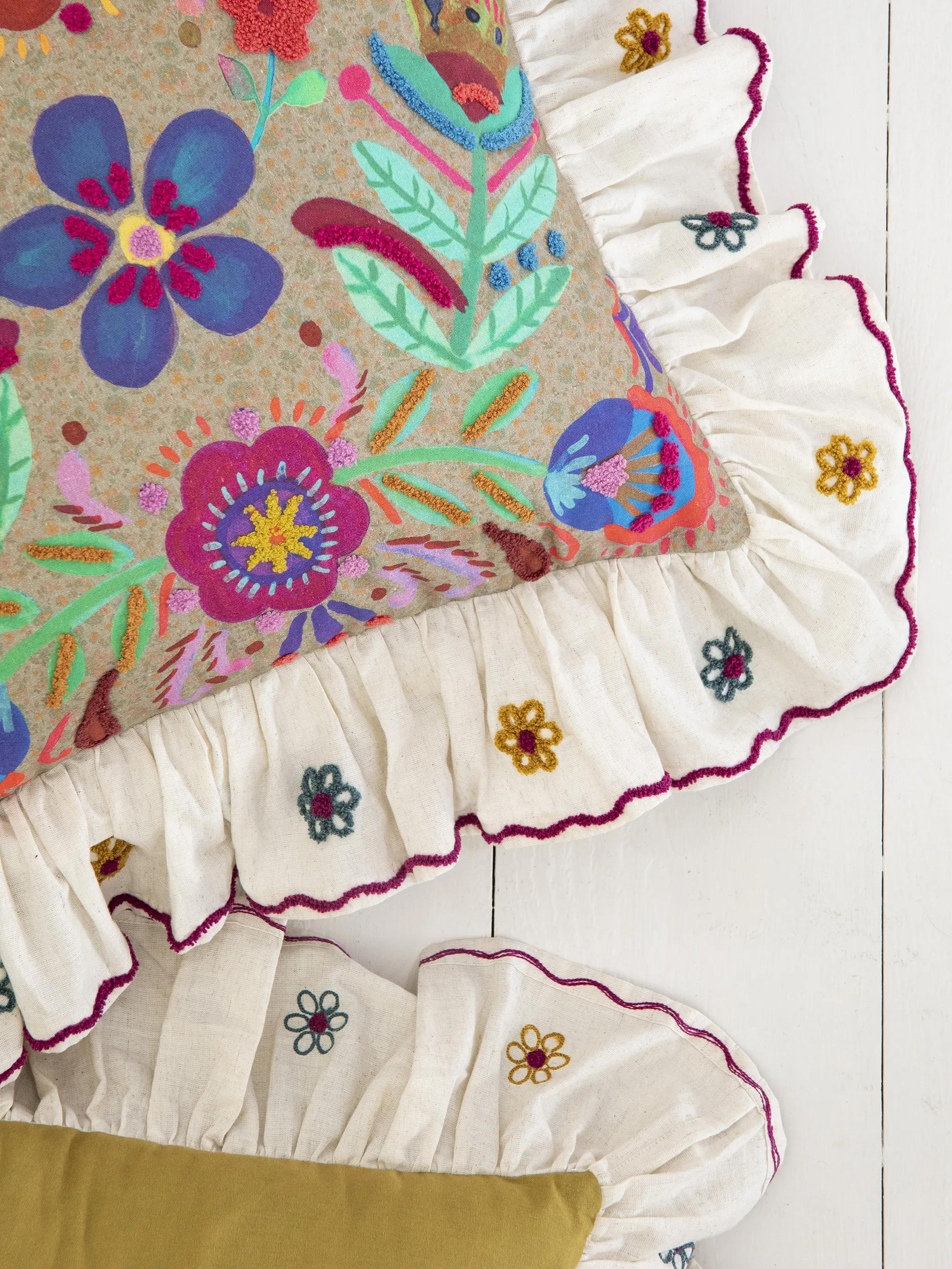 Tufted Ruffle Pillow - Sage Folk Flower