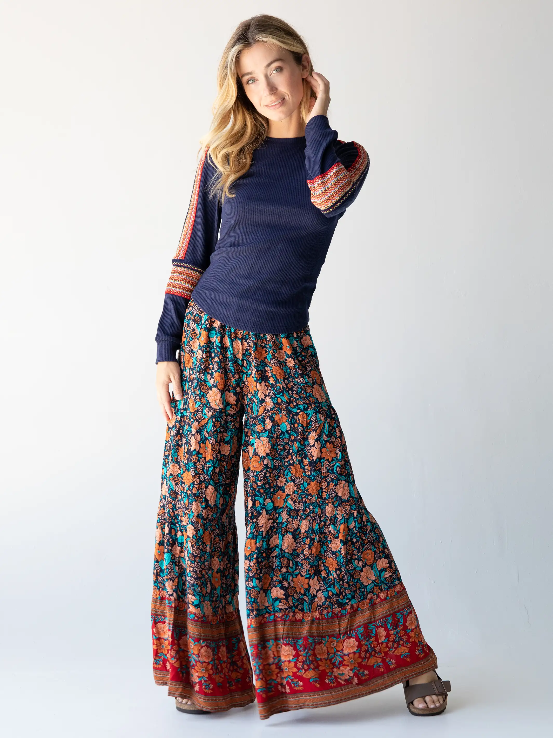 Patti Palazzo Pant - Navy Red Floral Border