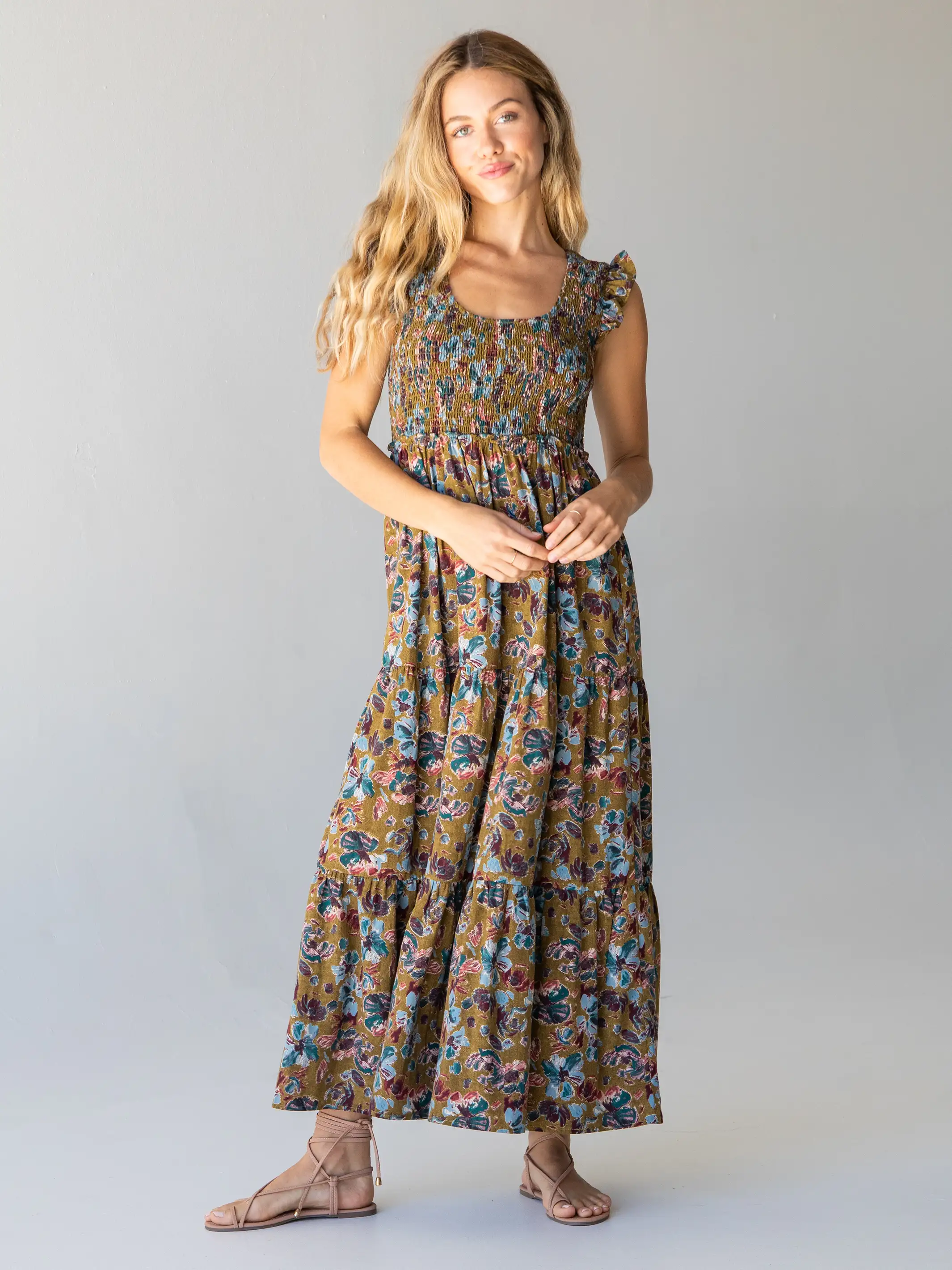 Olivia Smocked Maxi Dress - Olive Floral