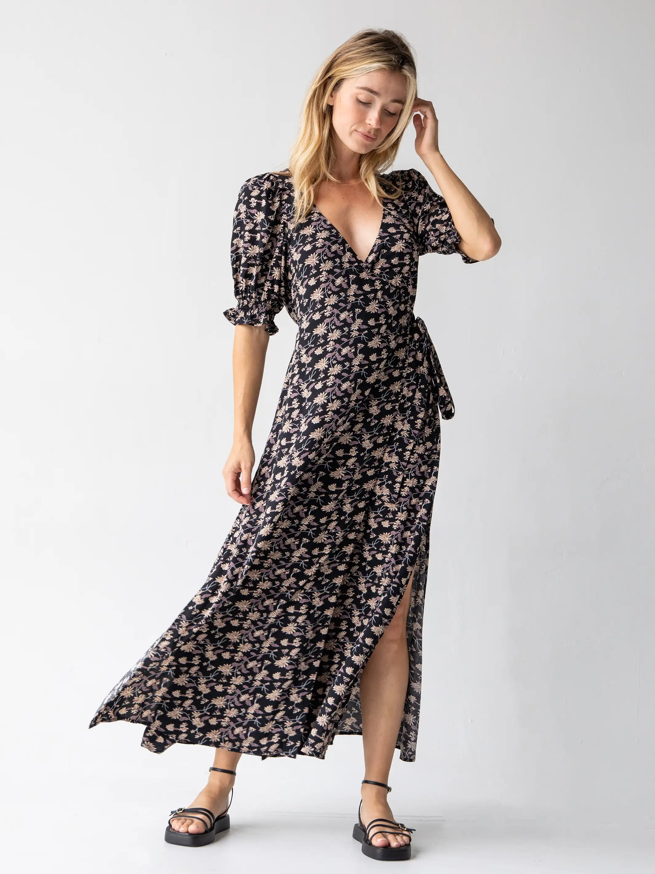 Sophia Wrap Maxi Dress - Tan Grey Leaf