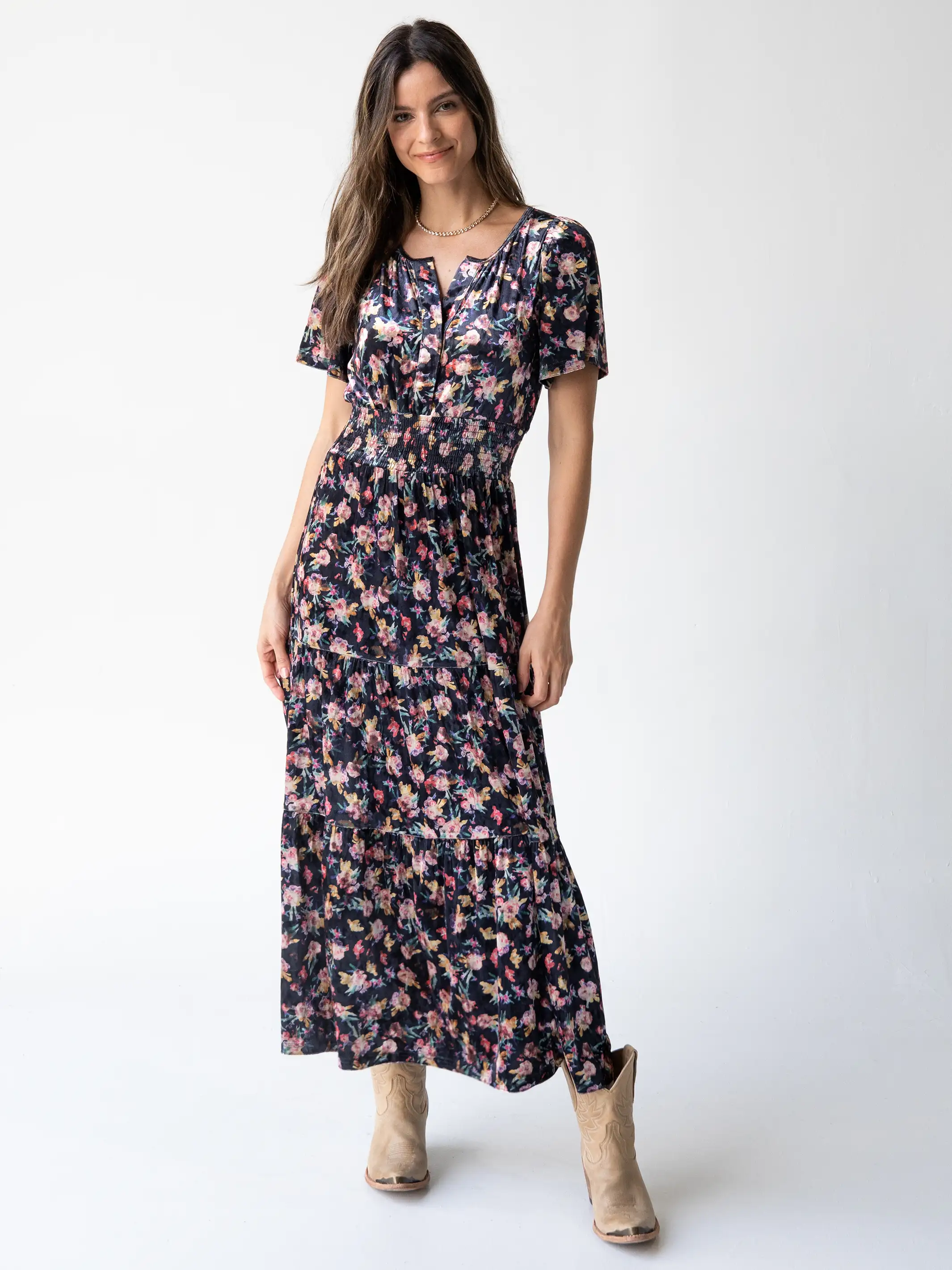 Bella Velvet Maxi Dress - Black Floral