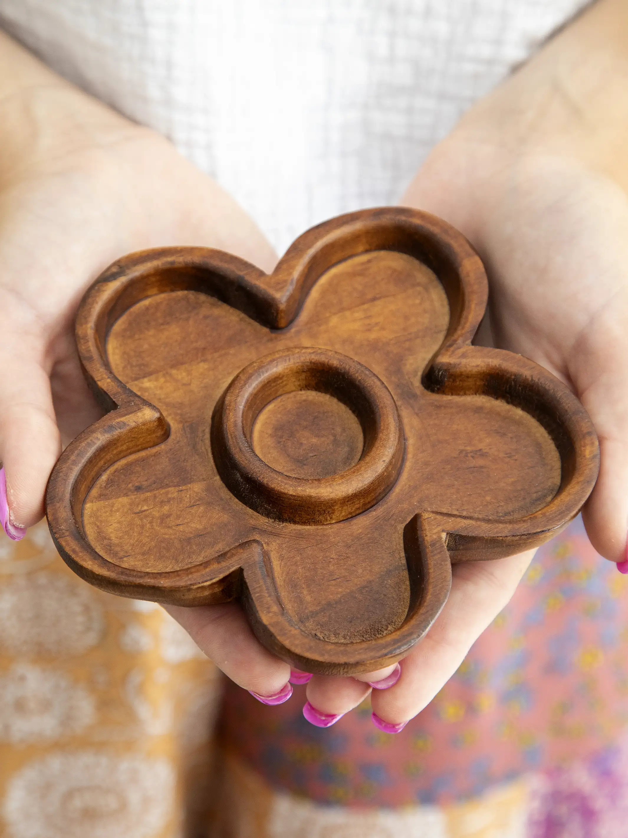 Carved Wood Trinket Dish - Flower