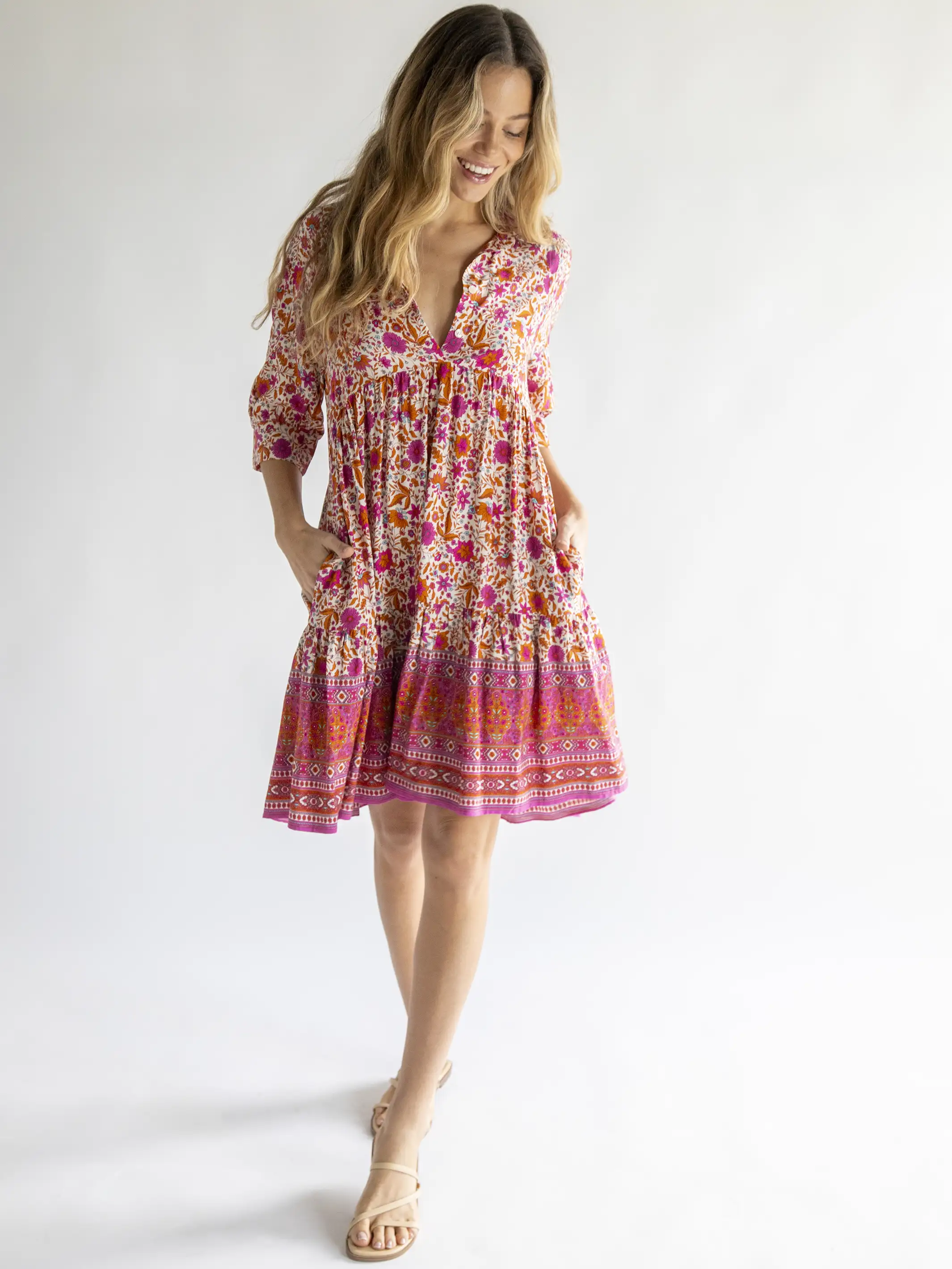 Becca Dress - Cream Pink Border