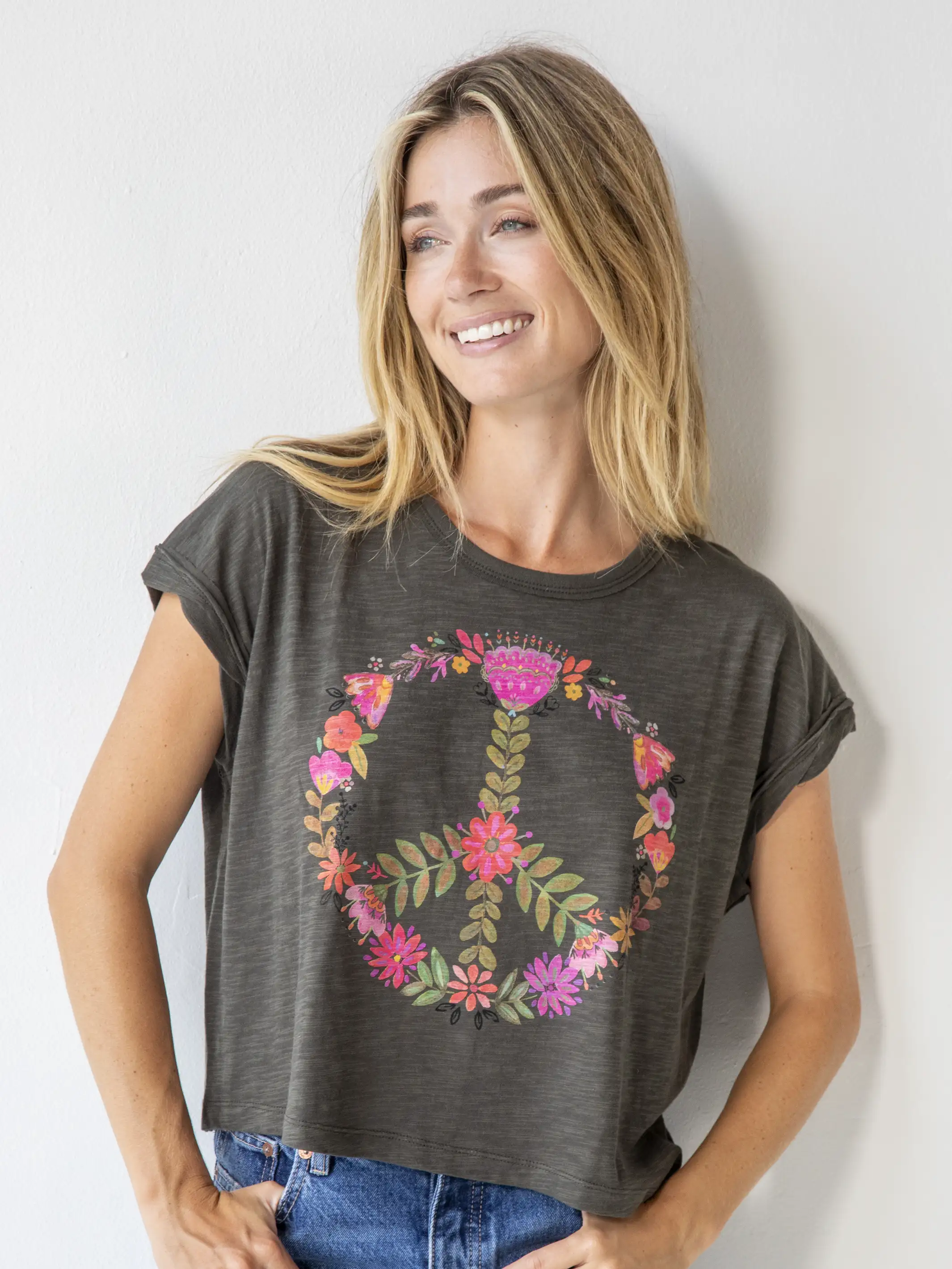 Frankie Boxy Tee Shirt - Charcoal Peace Sign