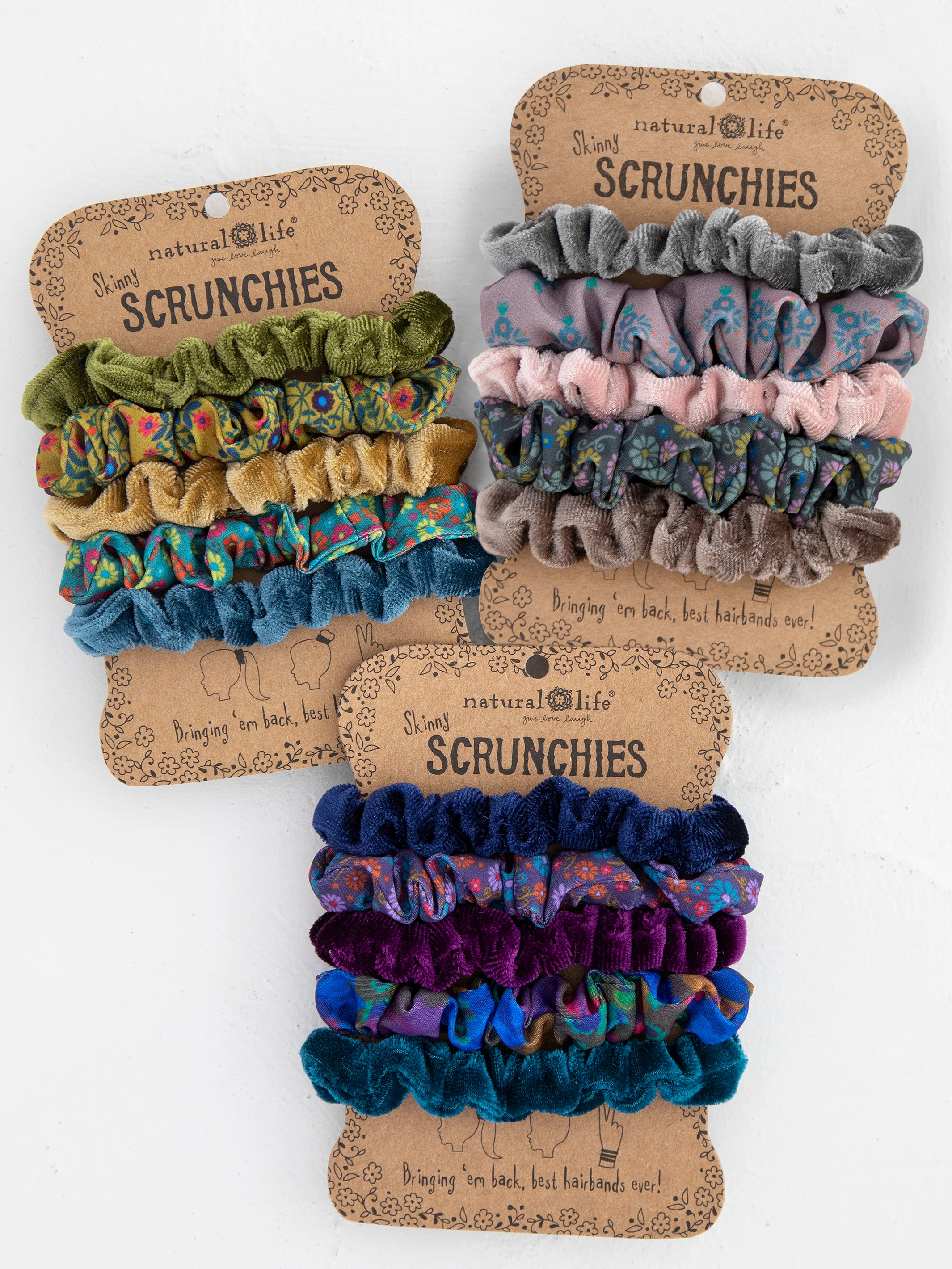 Print and Velvet Scrunchies, Set of 5 - Sage