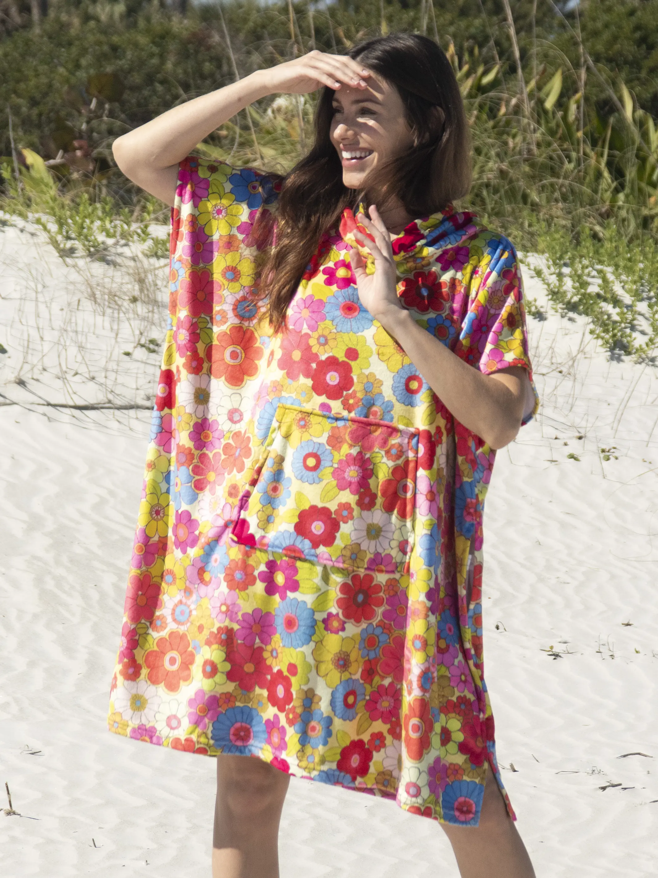 Beach Towel Changing Poncho - Yellow Retro Floral