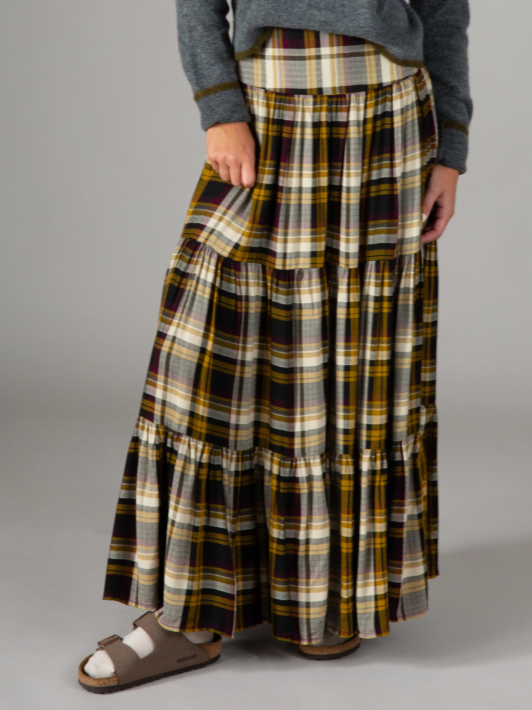 Hanna Convertible Maxi Skirt - Black Tan Plaid