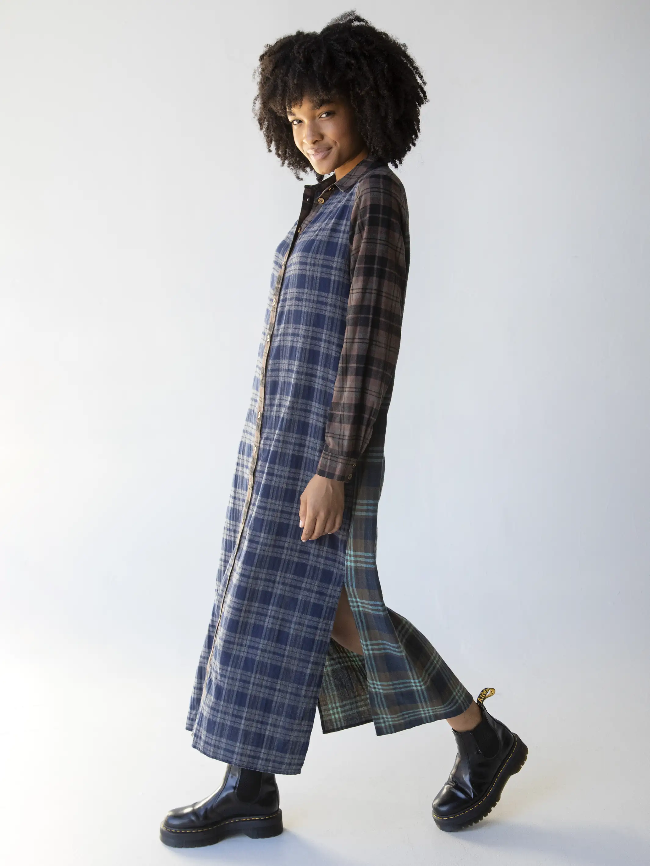 Flannel Esme Shirt Dress - Navy Brown Plaid