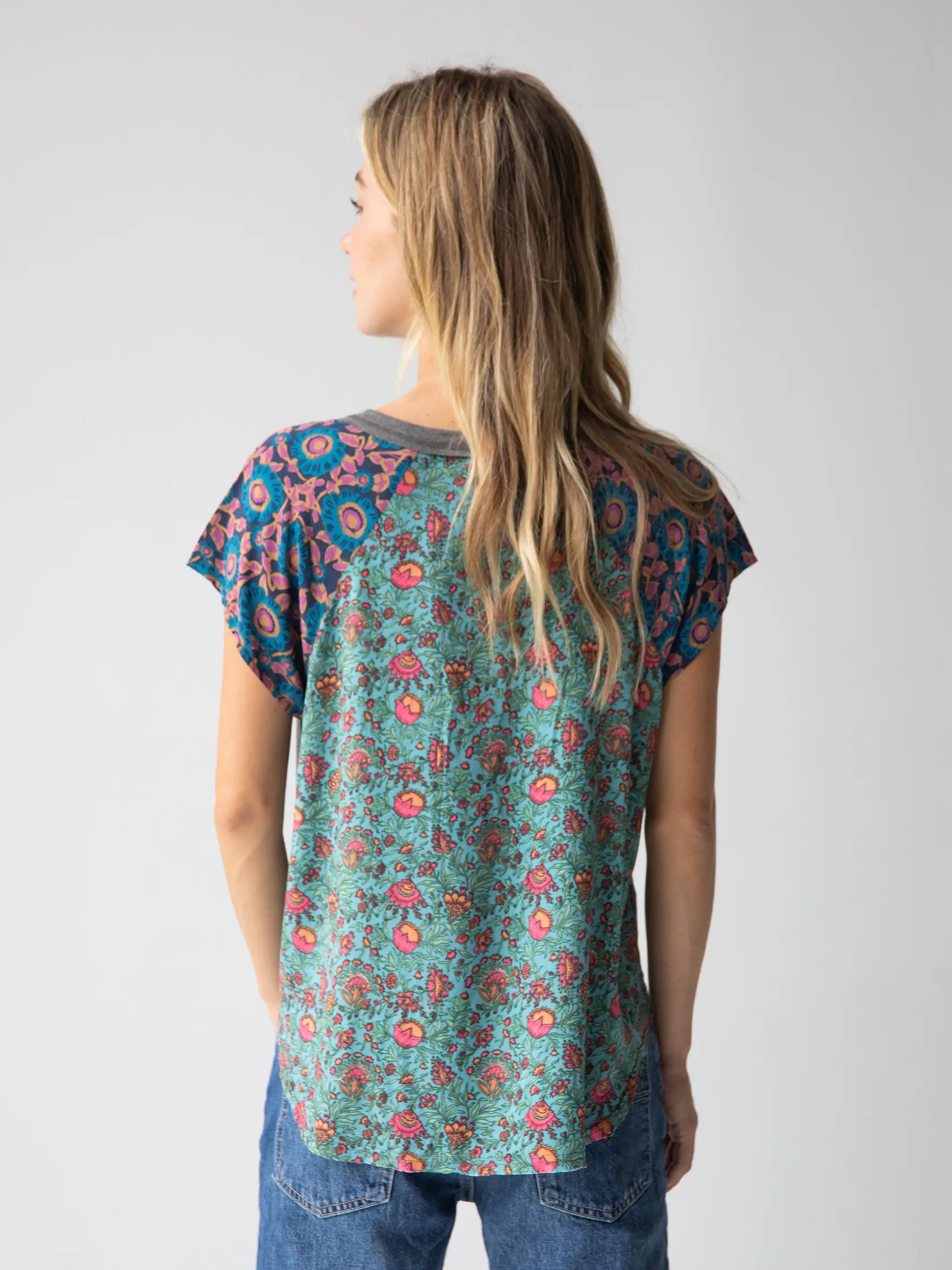 Daphne Mixed Print Top - Teal Turquoise