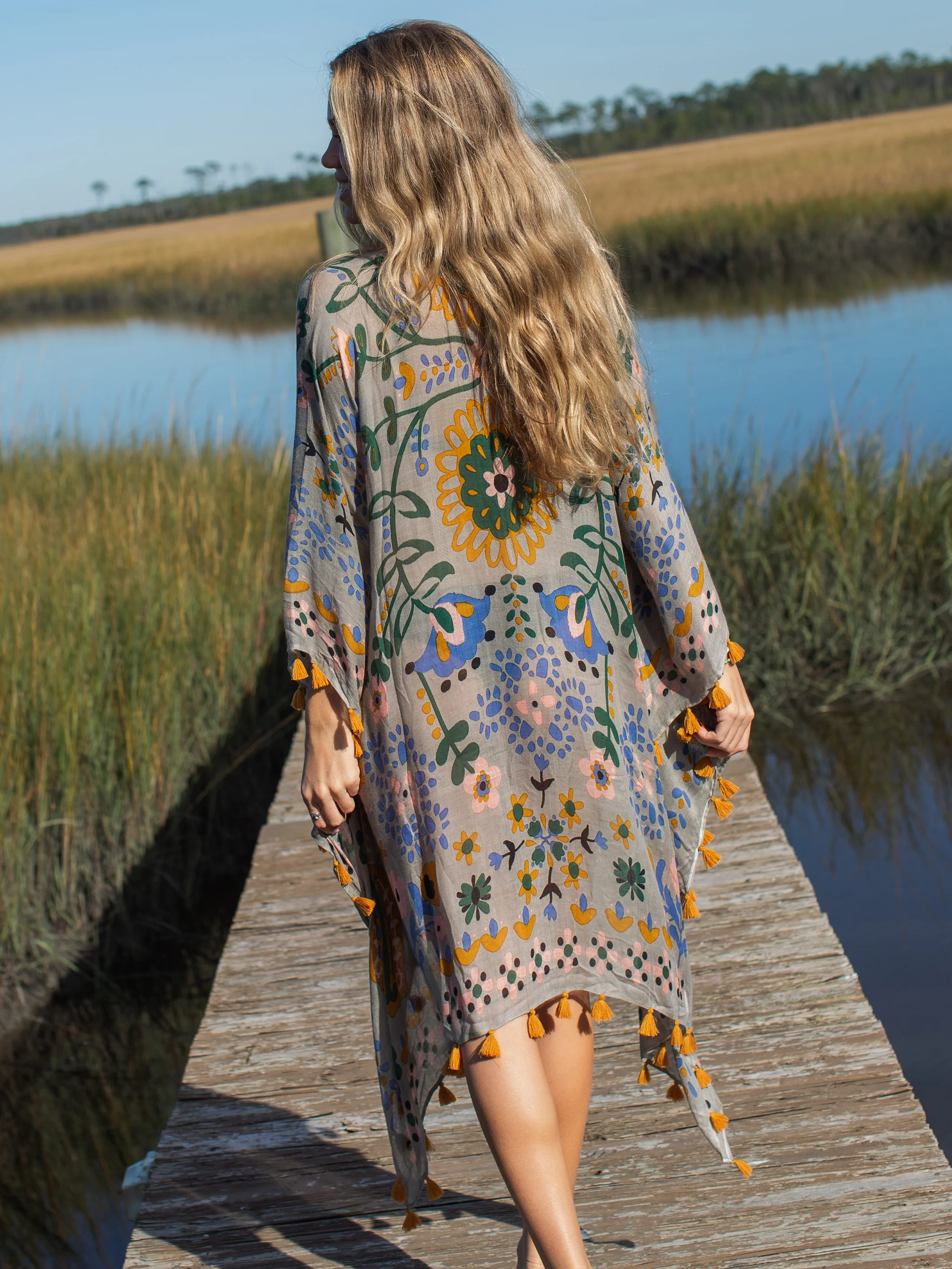Nandita Vintage Kimono - Grey Border Print