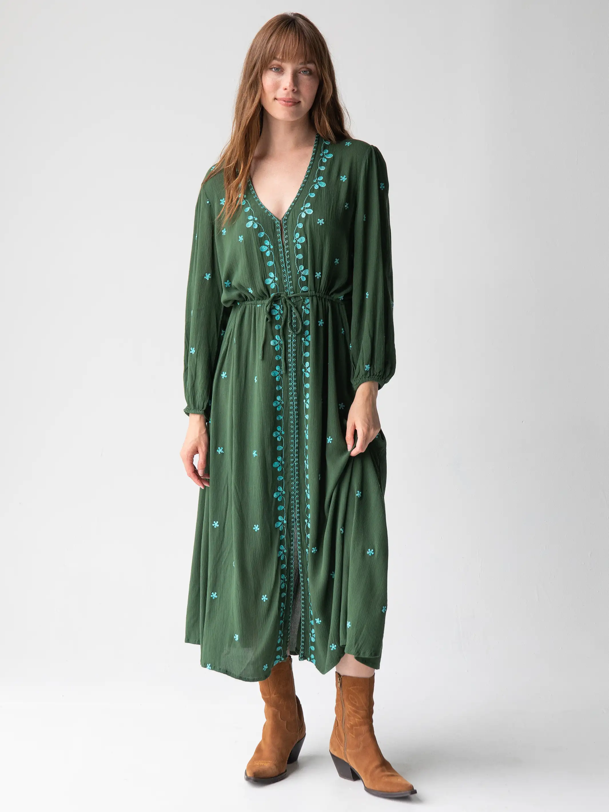 Brae Embroidered Midi Dress - Olive