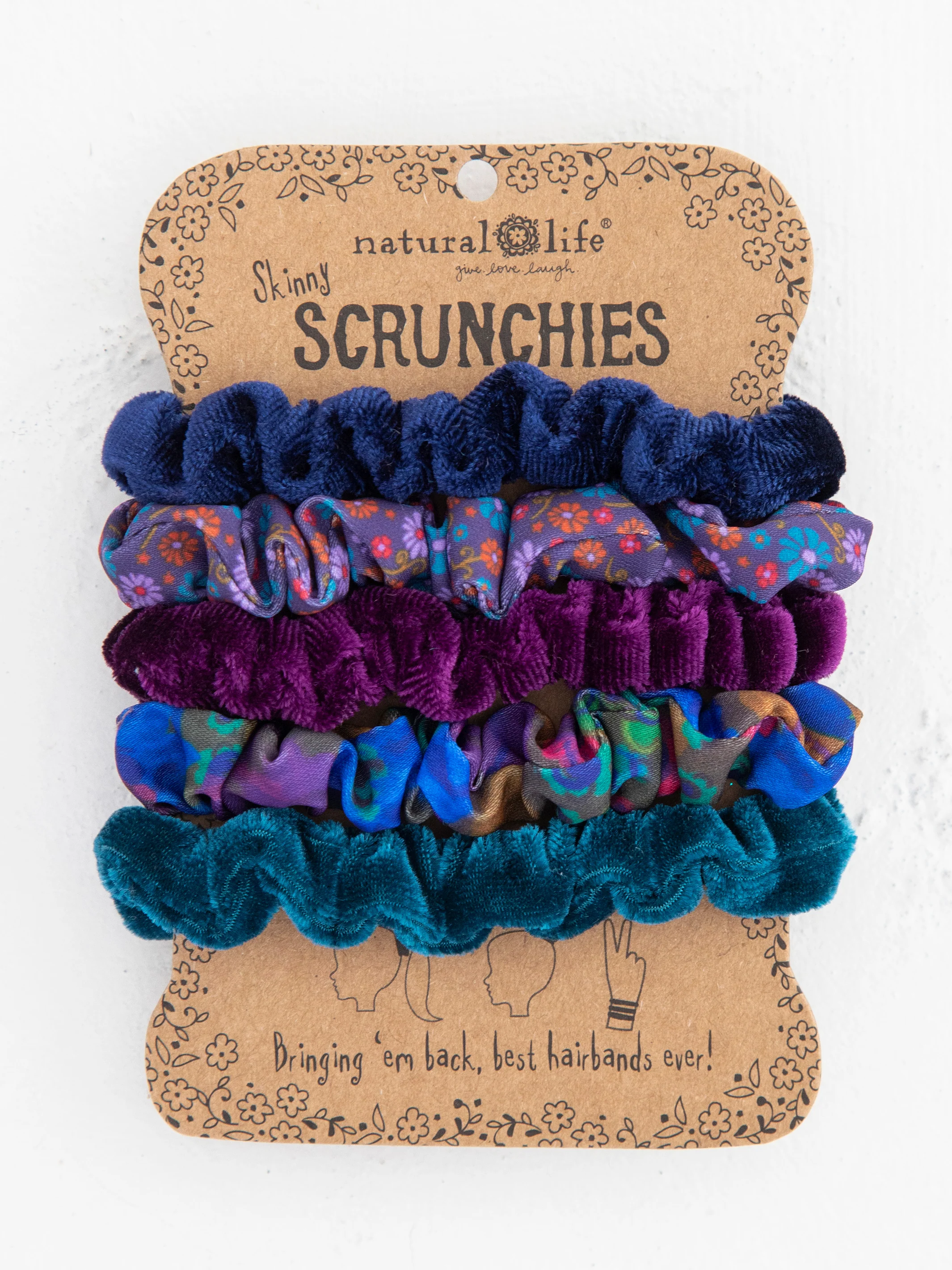 Print and Velvet Scrunchies, Set of 5 - Navy