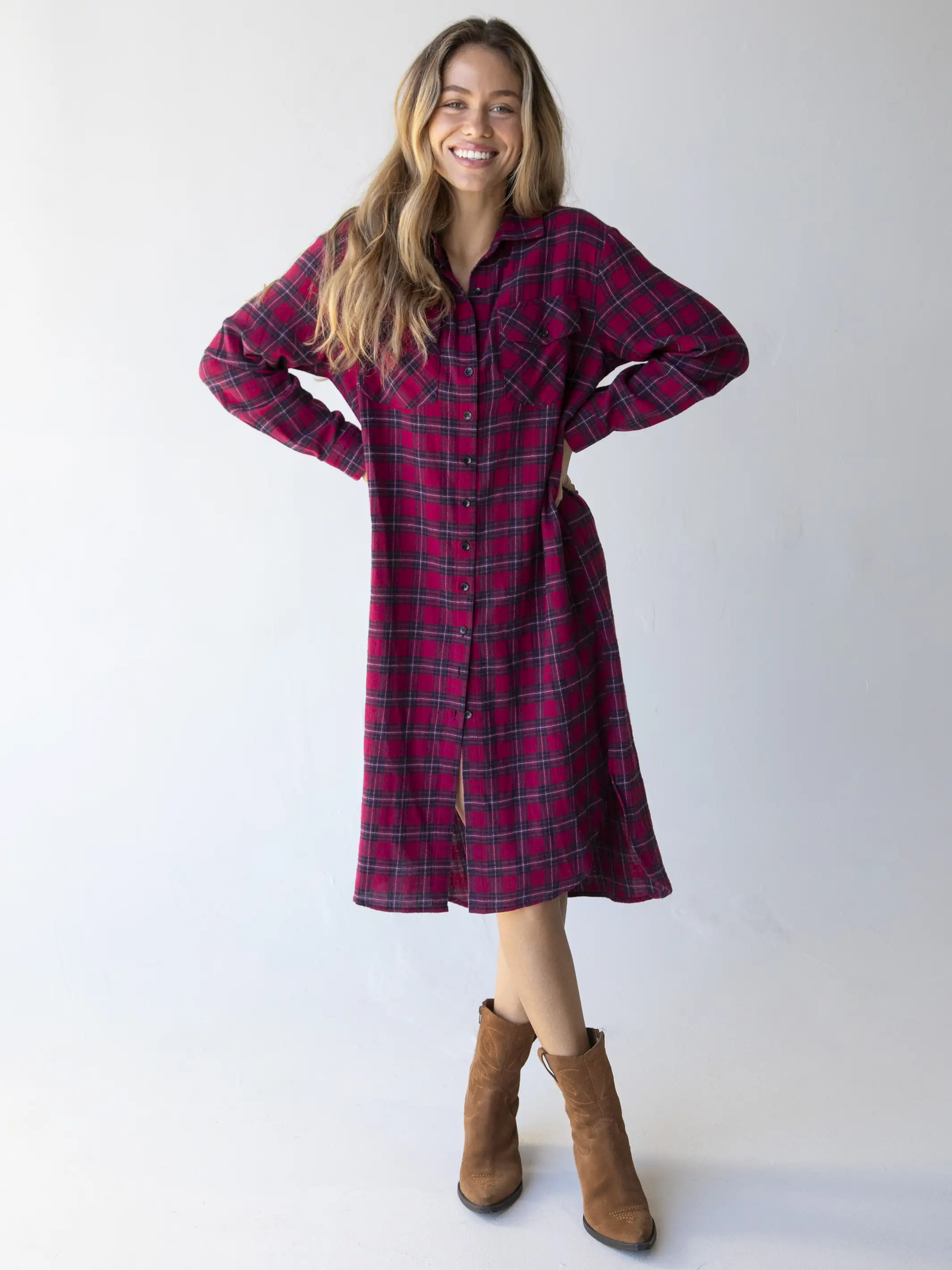 Cooper Flannel Shirt Dress - Red Black Plaid