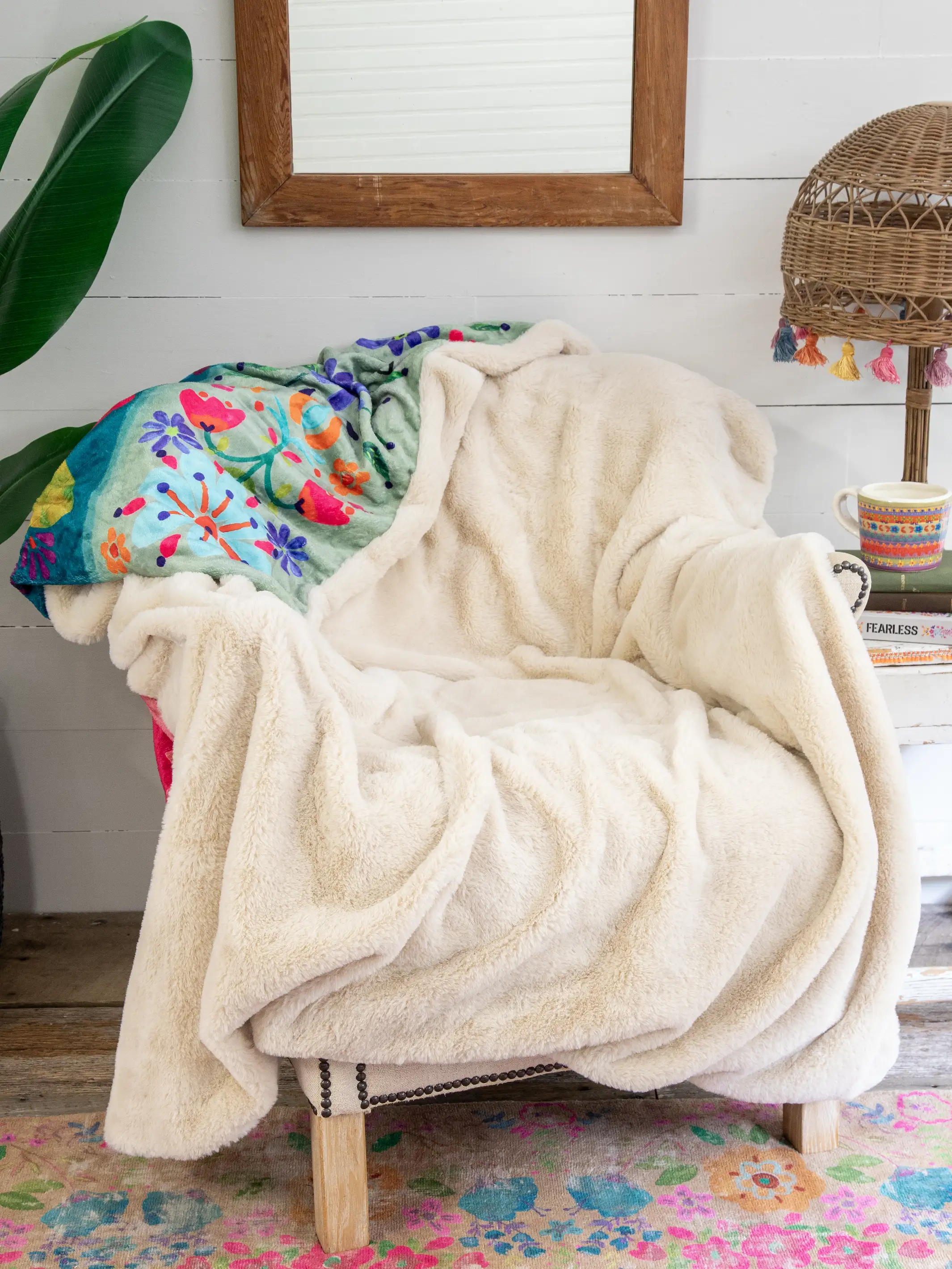 Faux Fur Throw Blanket - Folk Flower
