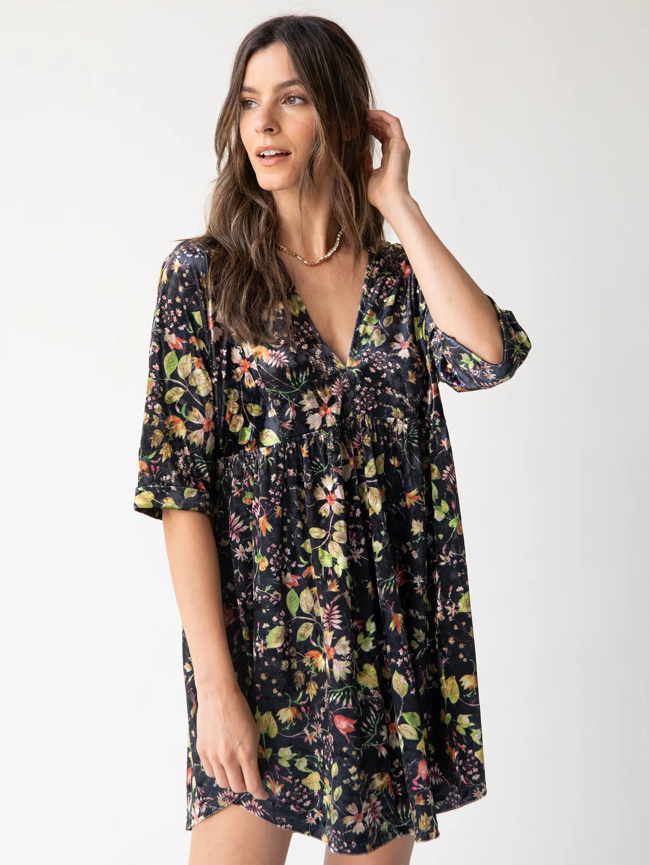 Stella Velvet Dress - Black Floral Stems