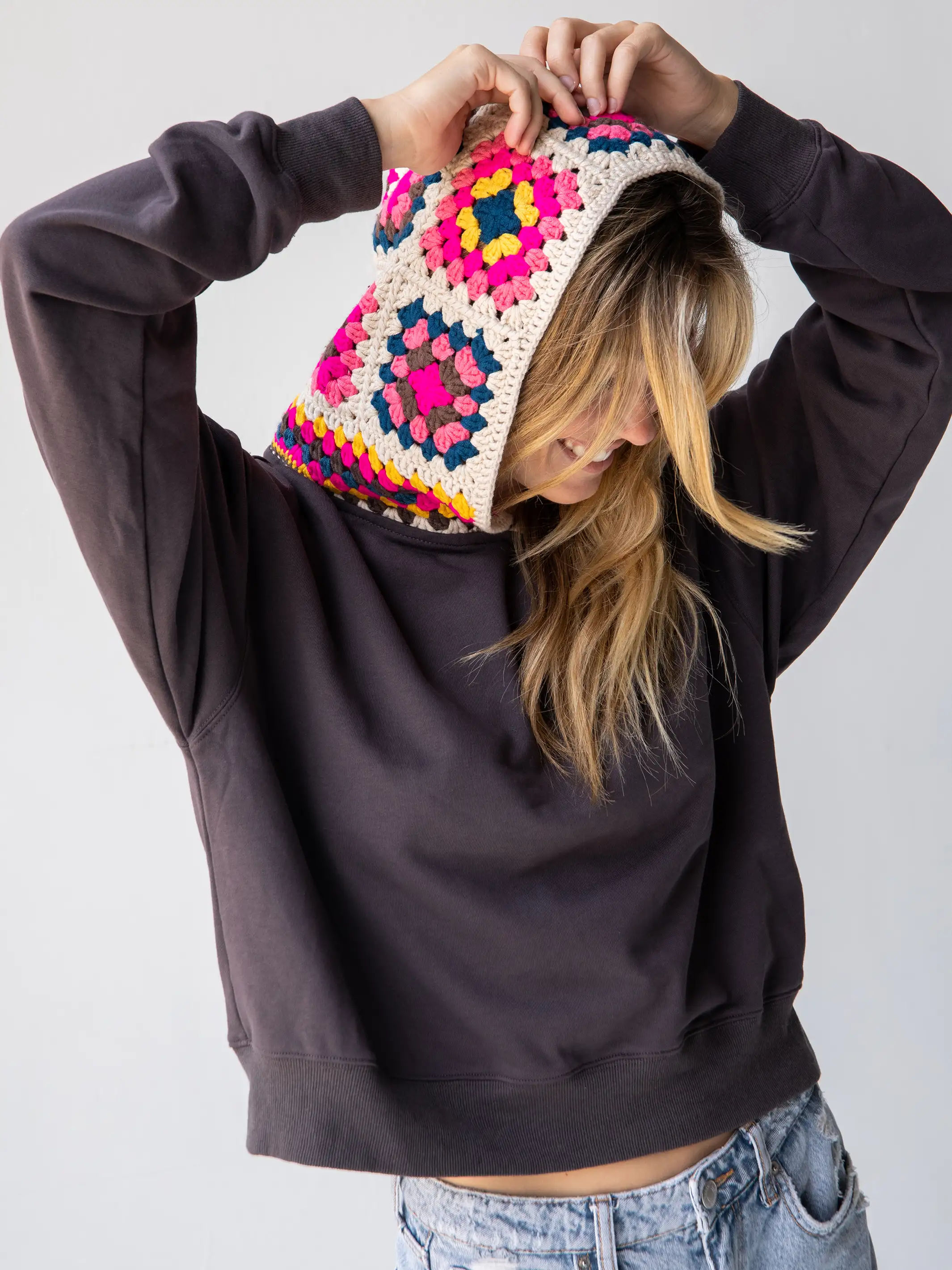 Crochet Hood Sweatshirt - Charcoal