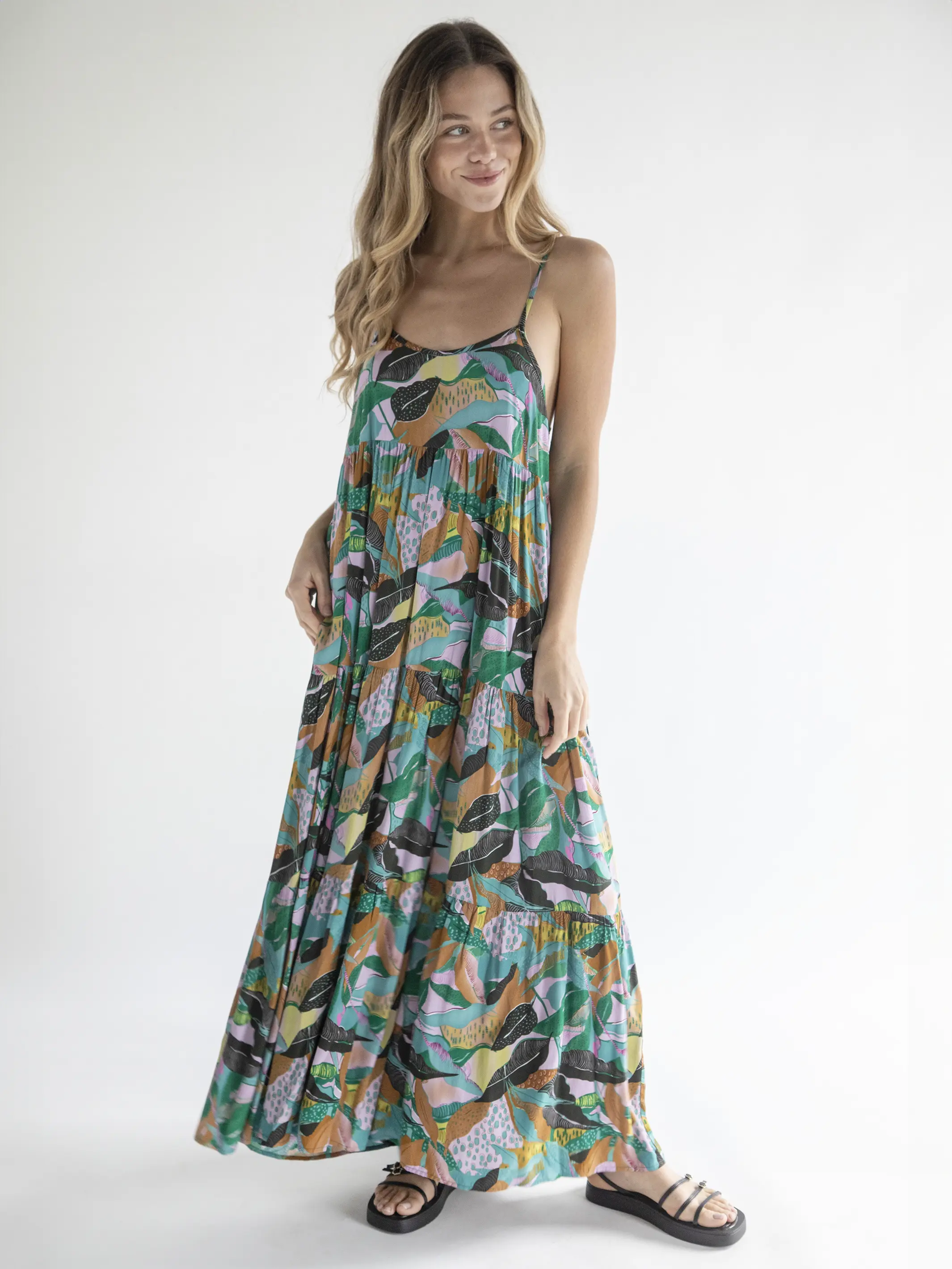 Madi Slip Dress - Green Palm Leaf