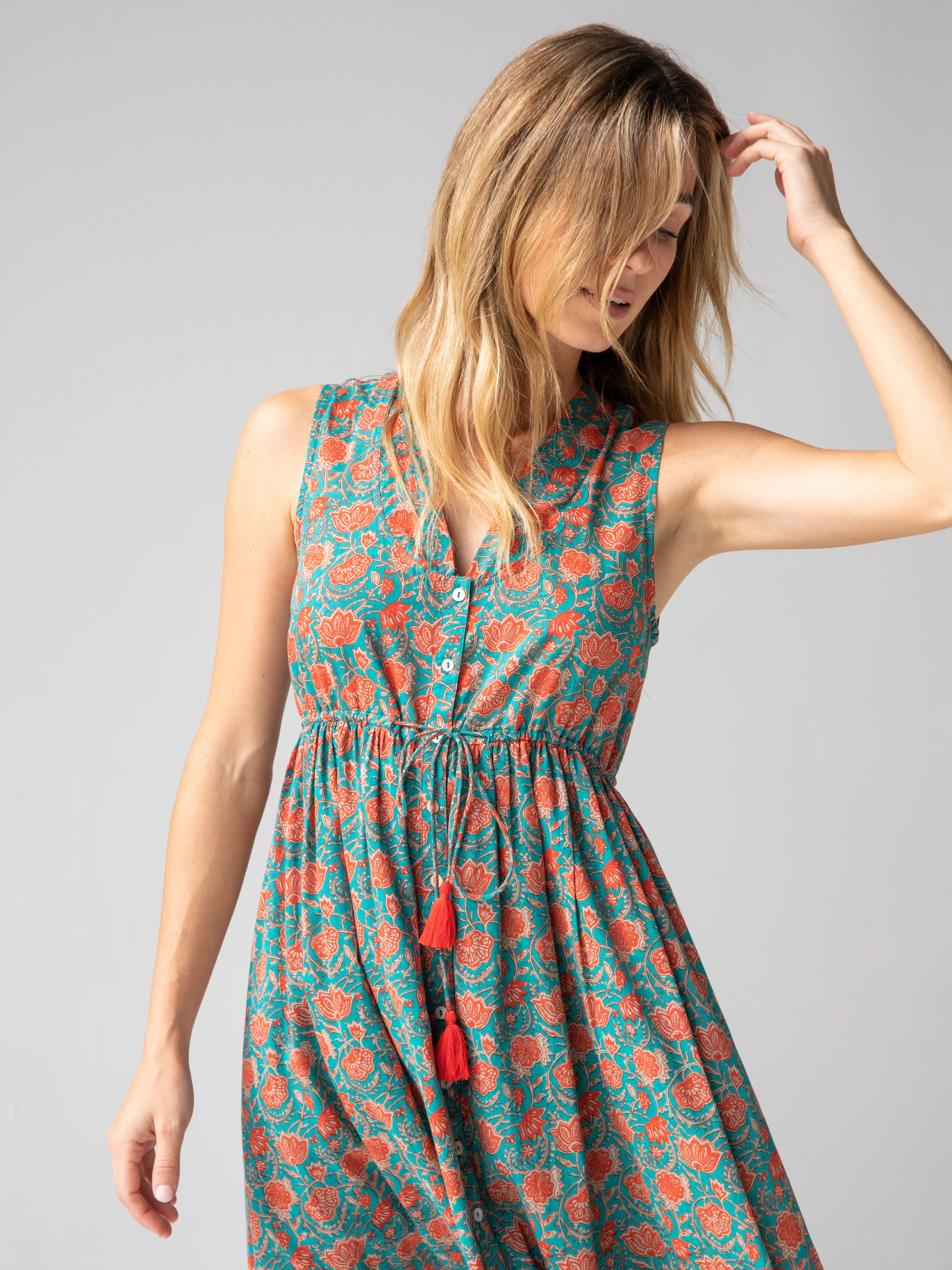 Amelia Sleeveless Shirt Dress - Turquoise Vines