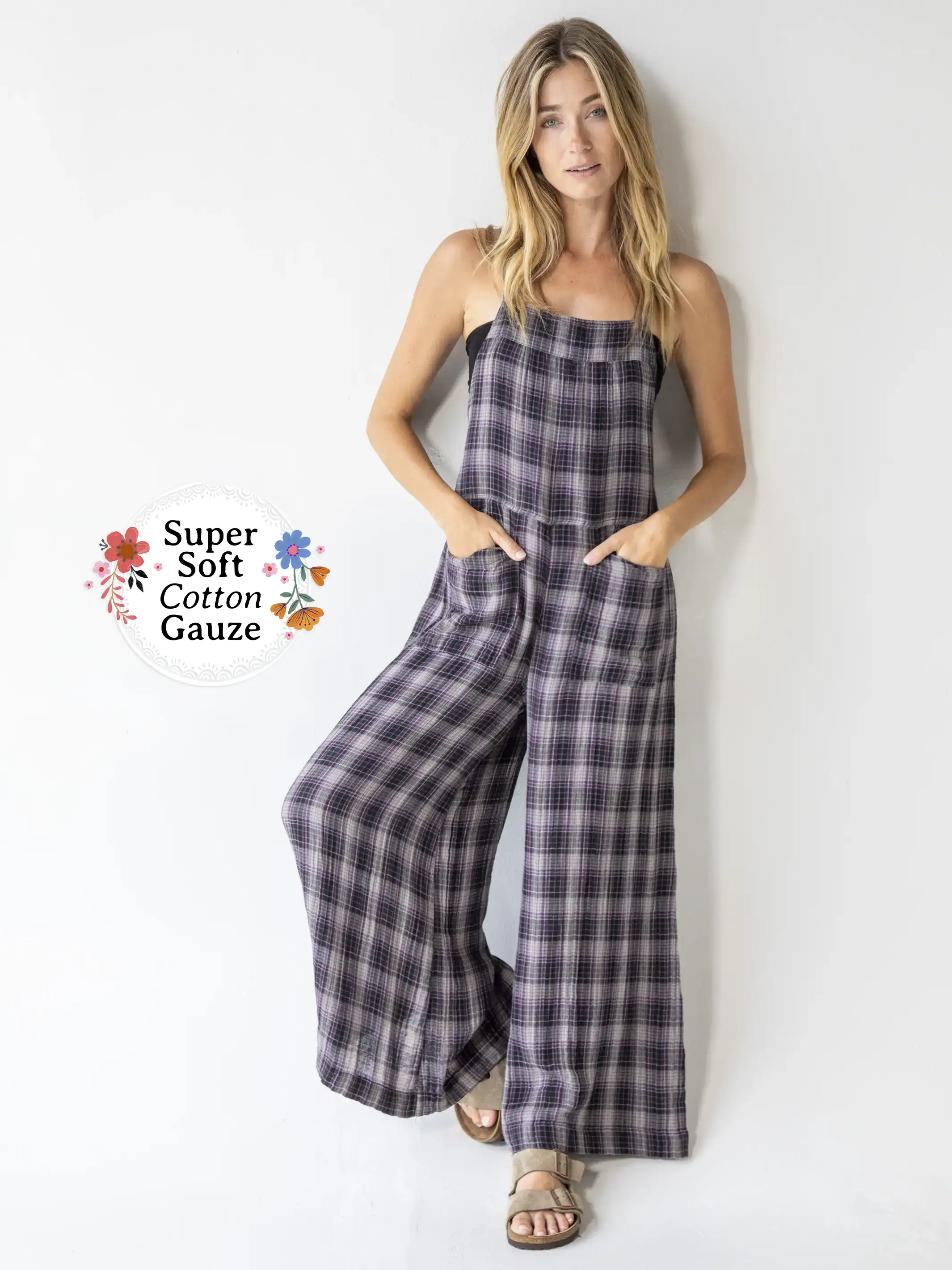 Gauze Dakota Tie Overall - Grey Plaid