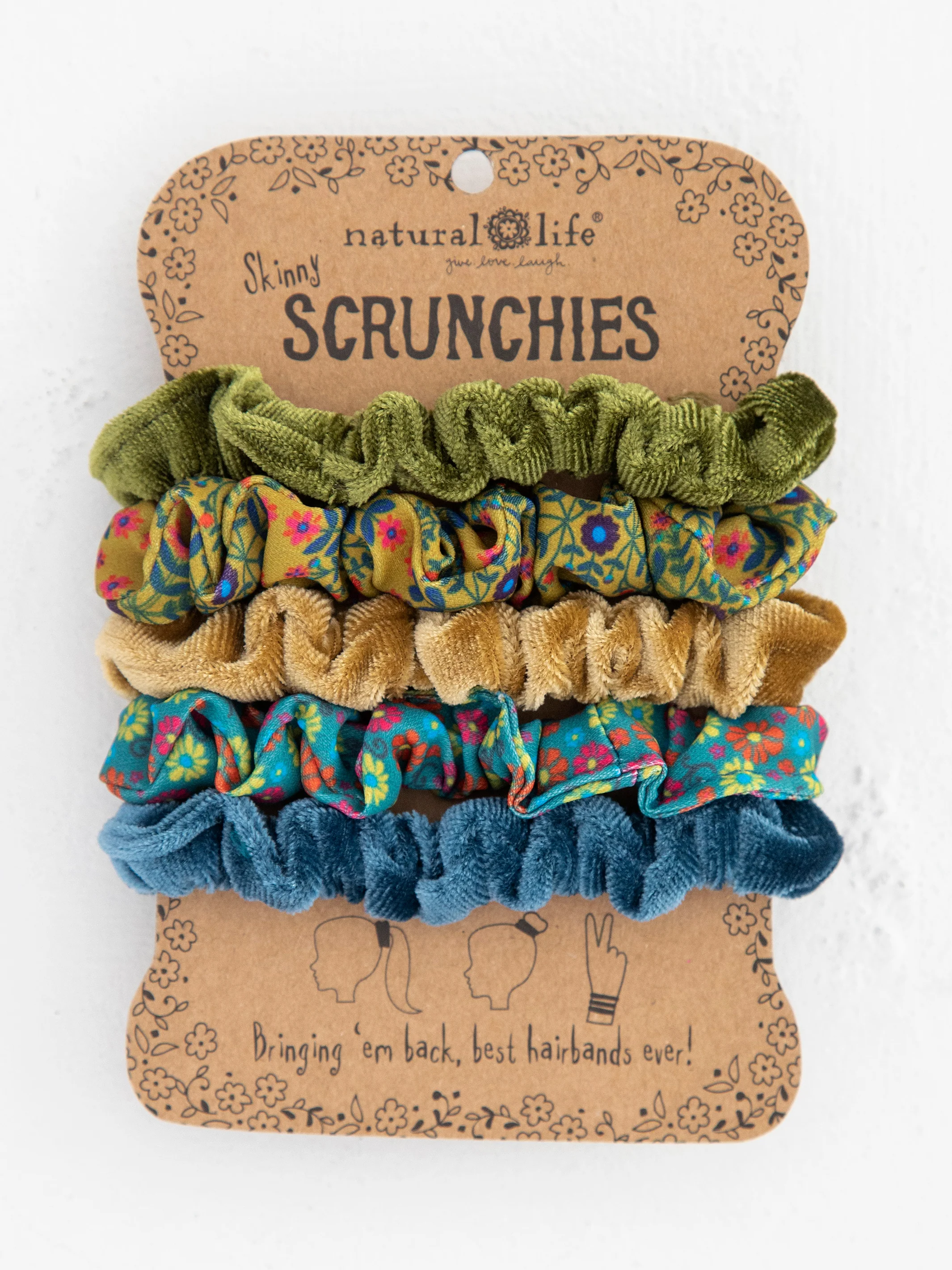 Print and Velvet Scrunchies, Set of 5 - Sage