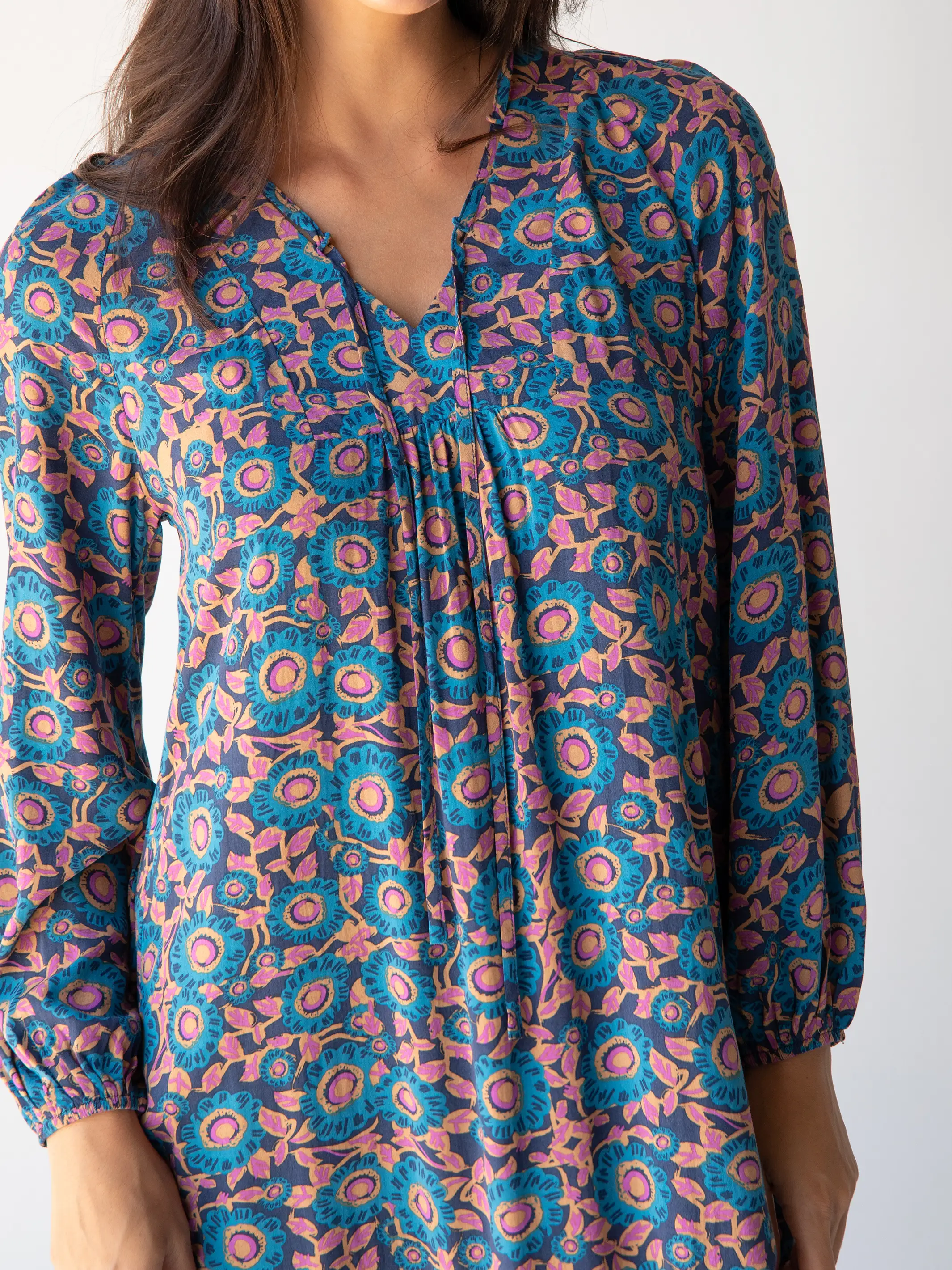 Rowan Side Slit Midi Dress - Teal Dahlias