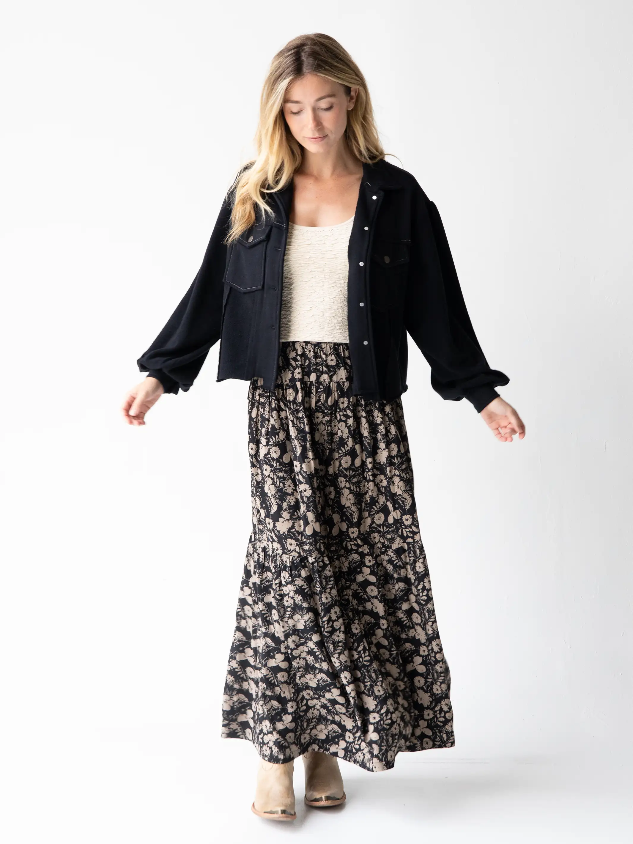 Calla Maxi Skirt - Black Tan Leafy Floral
