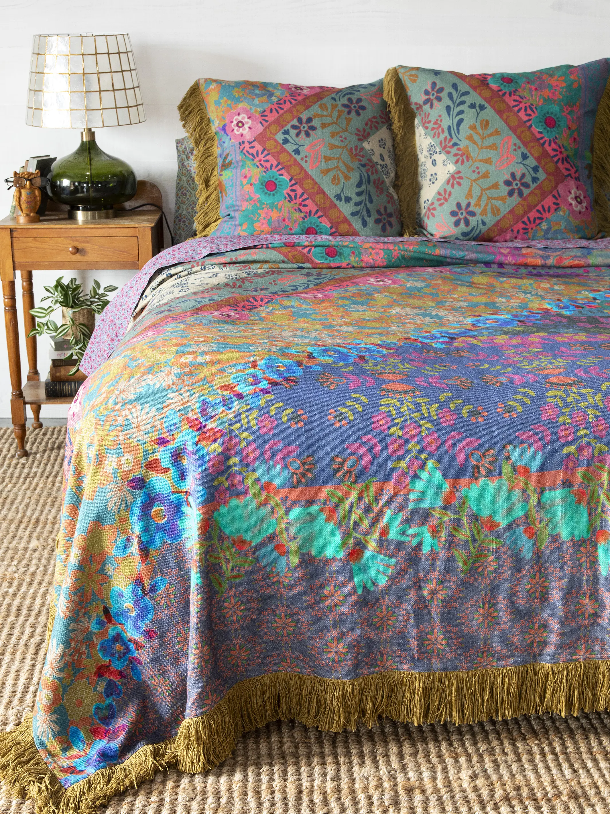 Cotton Matty Fringe Bedspread - Indigo