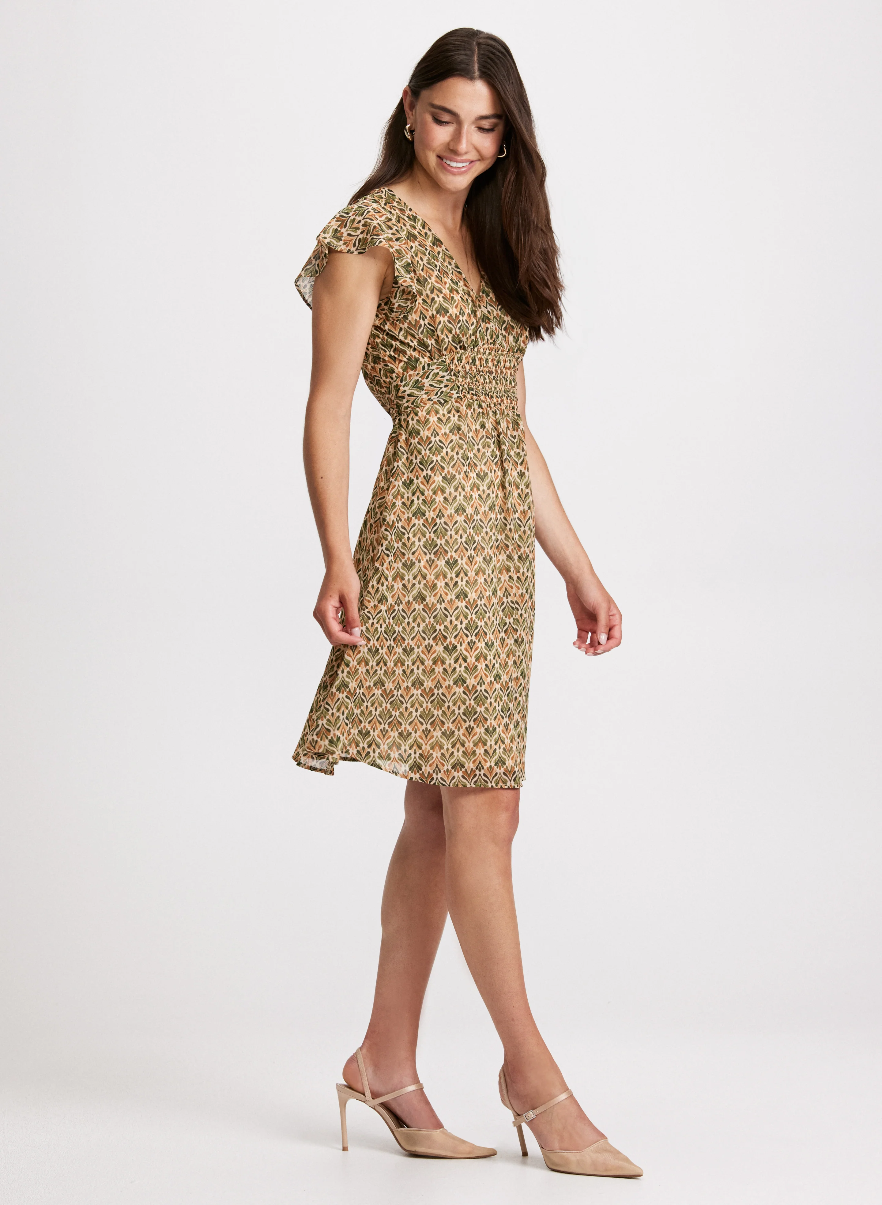 Leaf Print Smocked Waist Dress