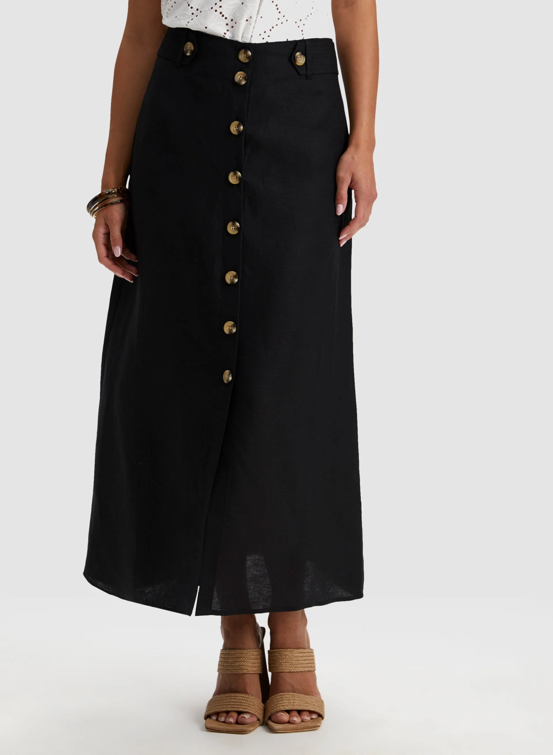 Button Detail Linen Maxi Skirt