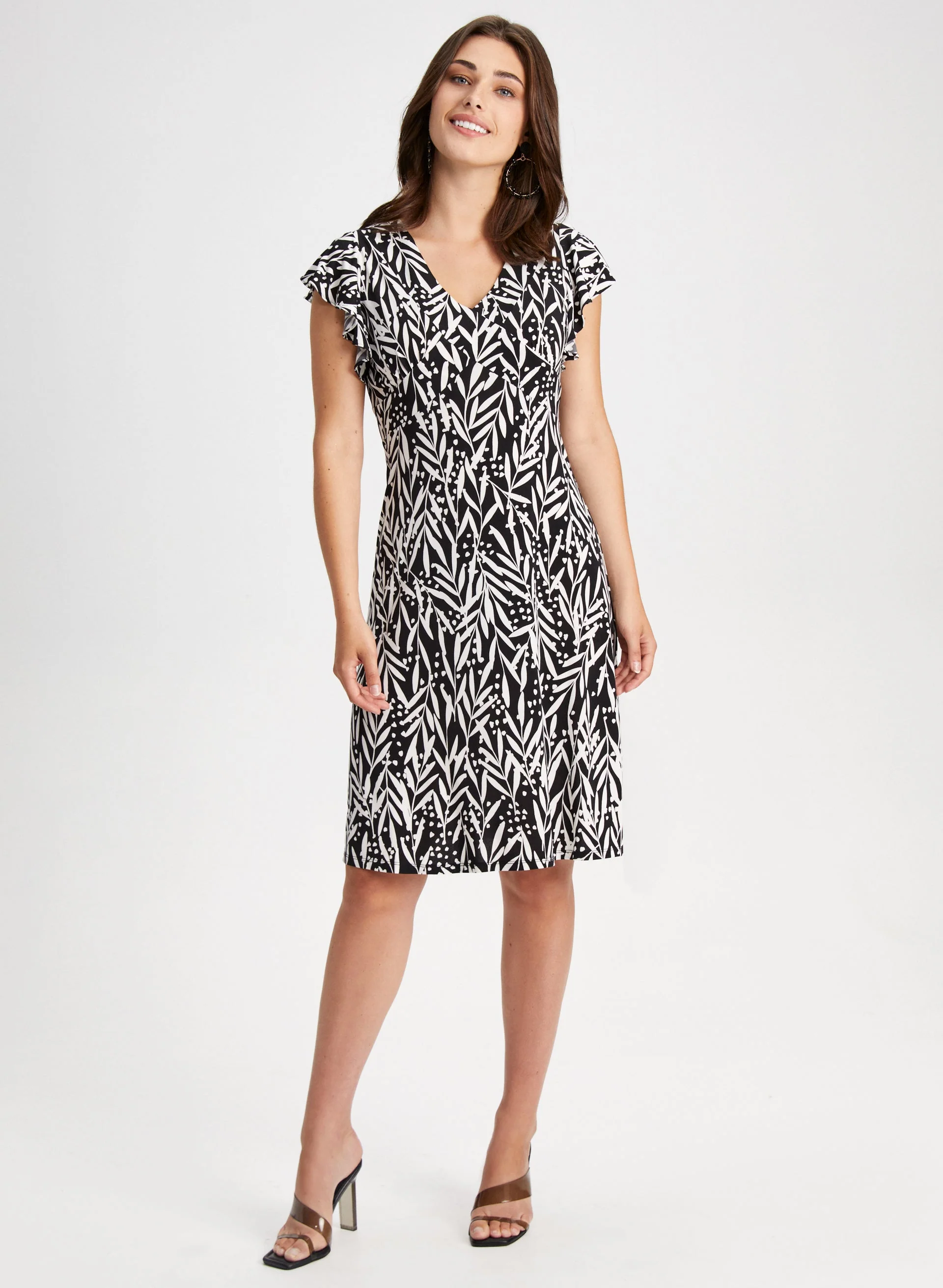 Leaf Print Ruffle Sleeve Dress