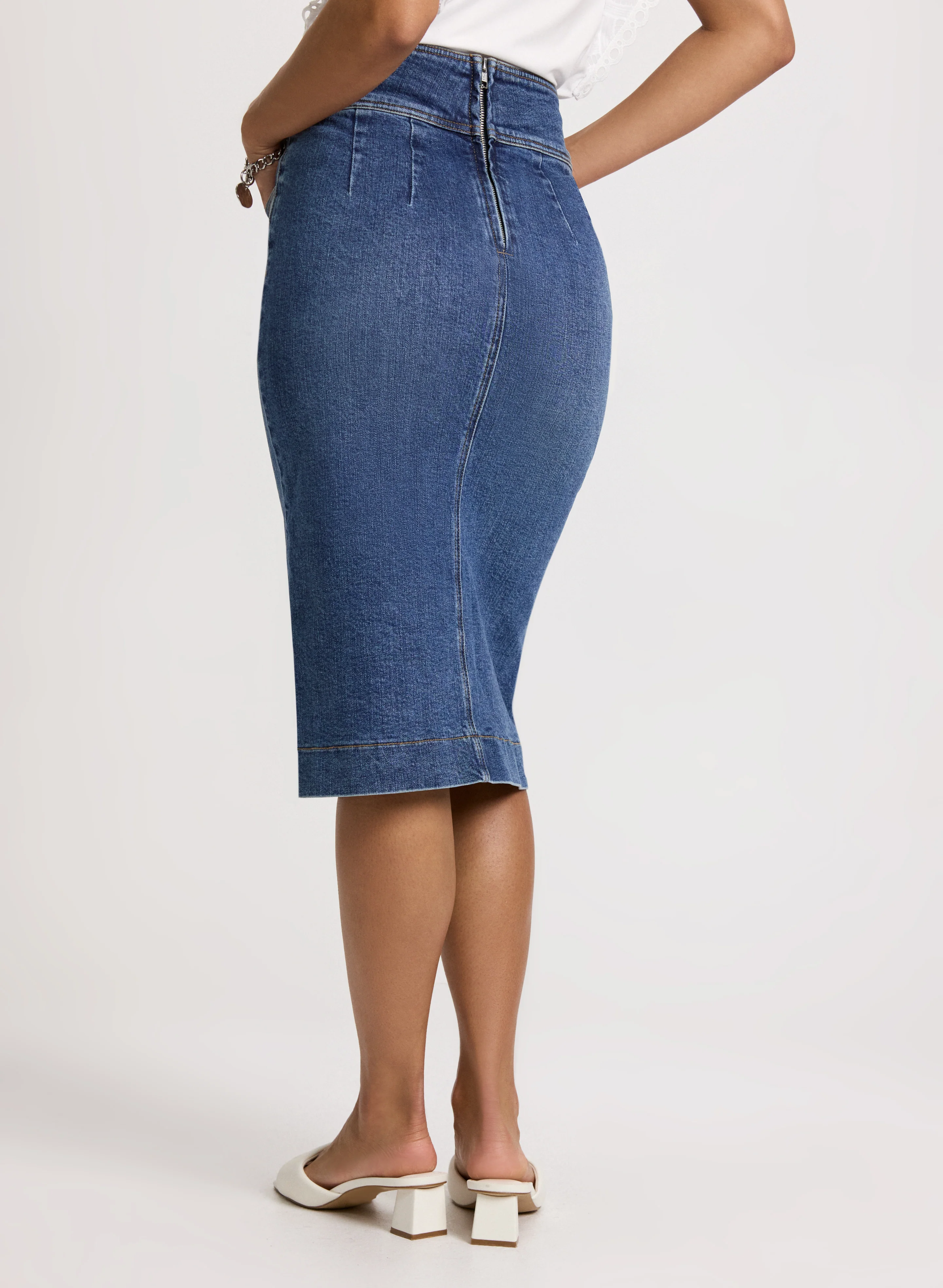 Slit-Hem Denim Midi Skirt