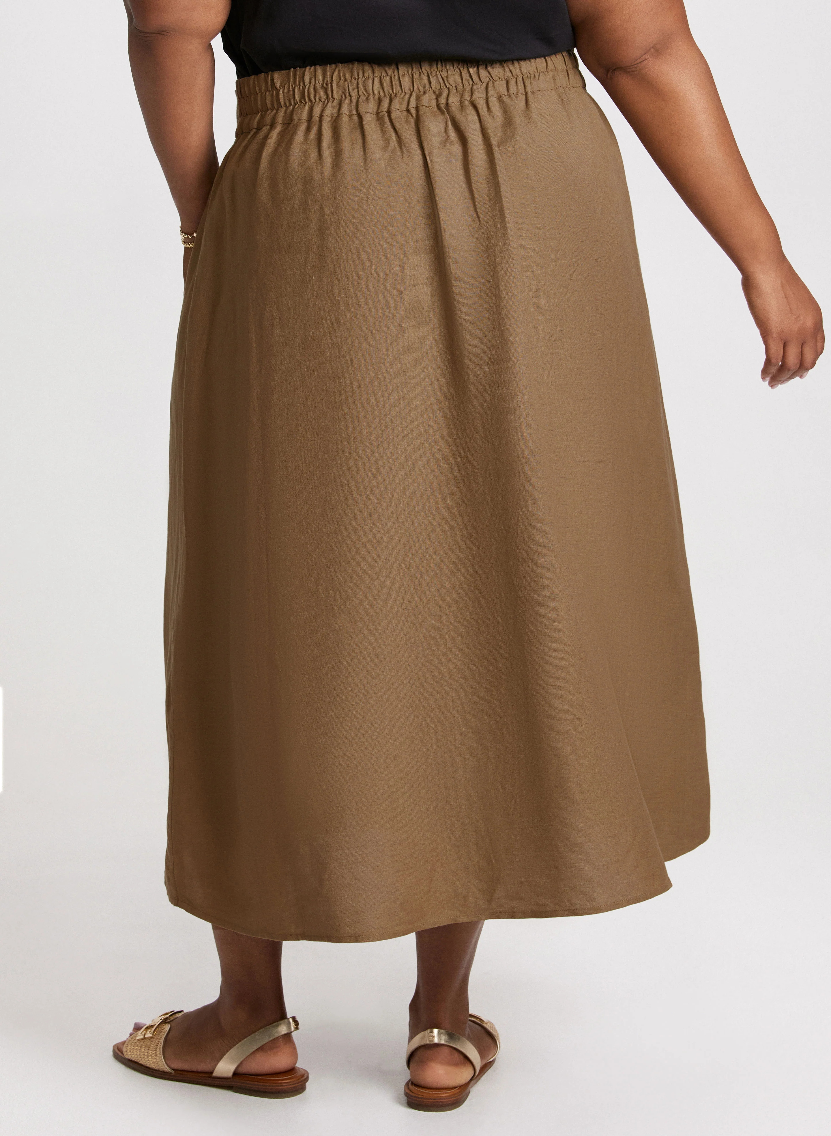 Linen Blend Buttoned Midi Skirt